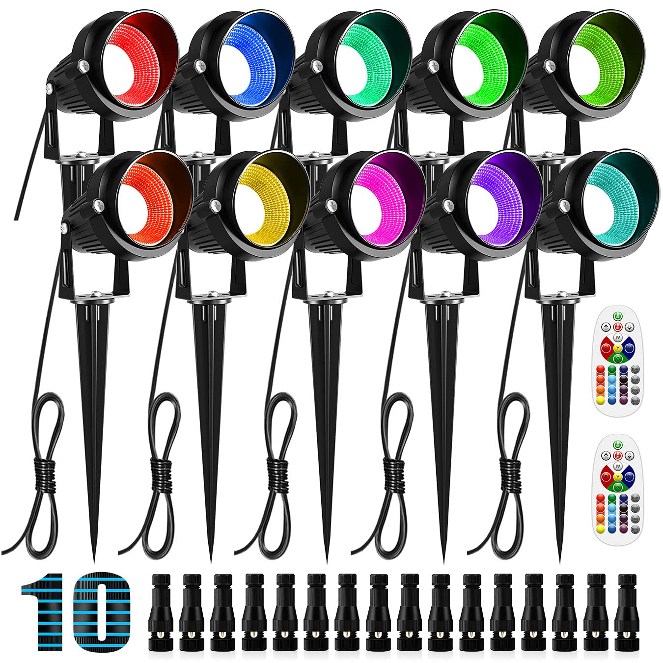 ZUCKEO 10W RGB LED Landscape Lights - Low Voltage Color Changing Outdoor Spotlights with Remote Control, IP66 Waterproof for Yard, Lawn, Garden & Flag (10 Pack with Connectors) - Perfect for Pathway Lighting, Tree Uplighting & Landscape Accents