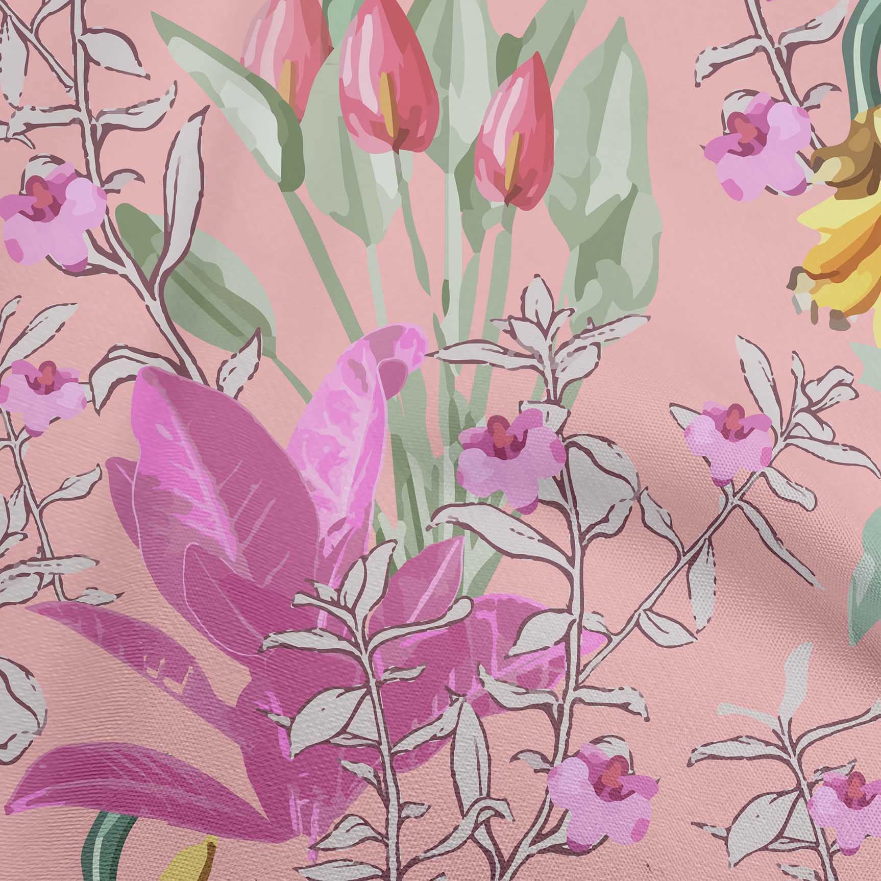 oneOone Polyester Spandex Tropical Floral Print Fabric - Medium Pink Dress Material (56 Inch Wide) for Summer Dresses, Skirts & DIY Fashion Projects