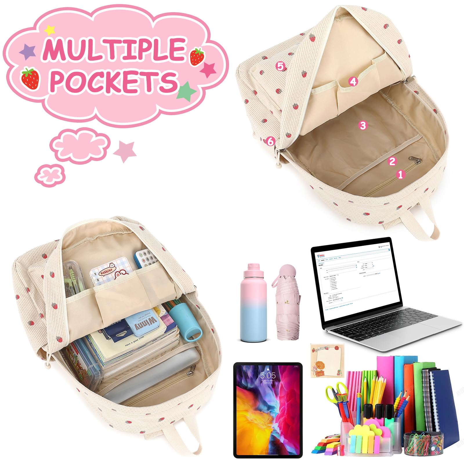 Stylish Corduroy Backpack for Teen Girls - Lightweight School Bag for Elementary, Middle & High School, Women's Travel & Casual Daypack (Strawberry) - Perfect for School, Travel & Everyday Use