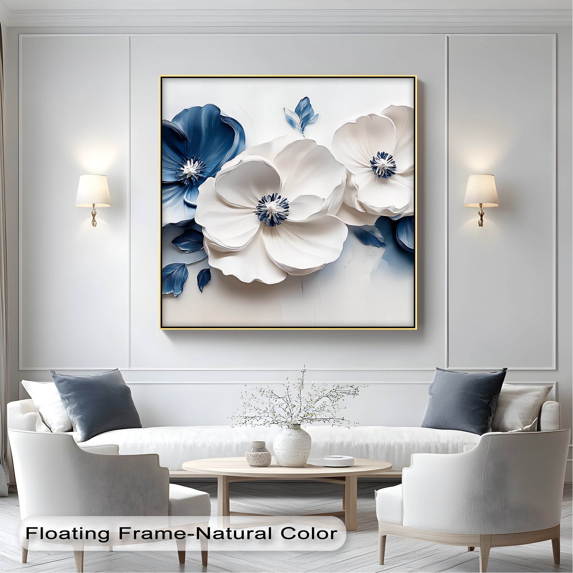 Blue Serenity Blooms Floral Canvas Wall Art - Navy & White Botanical Painting for Living Room, Bedroom Decor | Home & Office Wall Hanging
