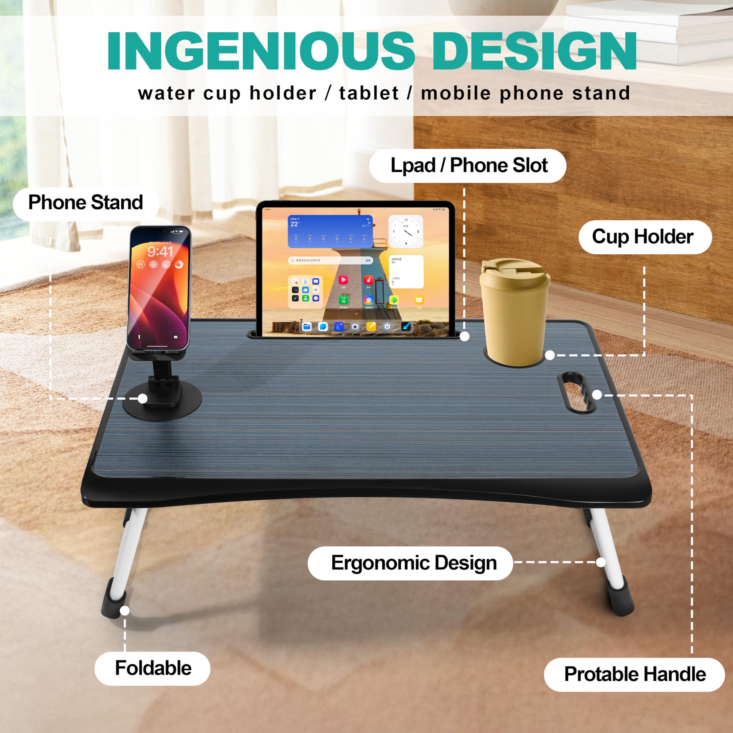 4-in-1 Foldable Laptop Desk with Cup Holder & Tablet Slot - Portable Lap Desk for Bed, Couch, Office & Travel - Perfect for Breakfast, Reading, Writing & Working in Bed - Black