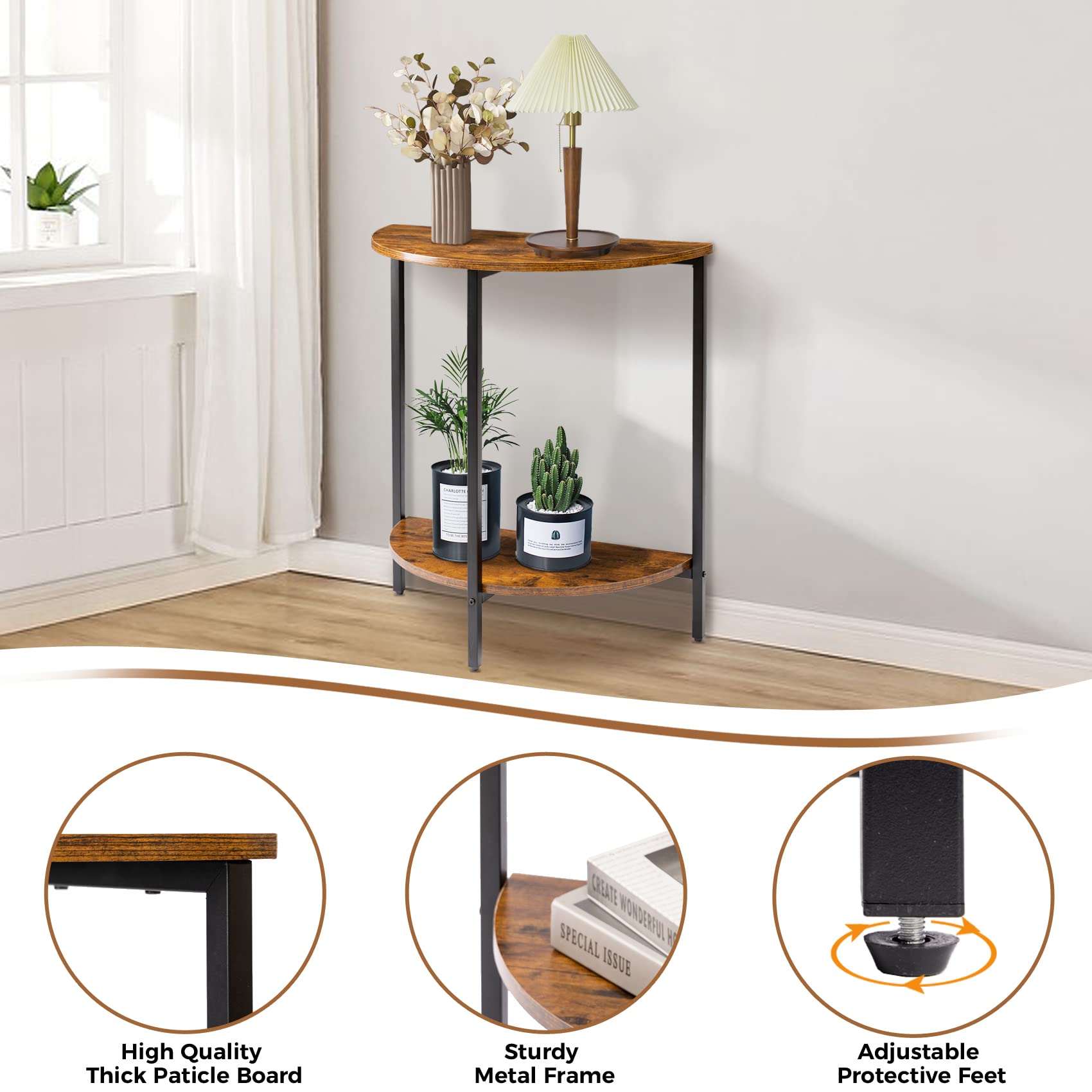 Modern Half Moon Entryway Table with Black Metal Legs & Storage - Compact Console Table for Hallway, Living Room, Bedroom - Durable Small Accent Furniture for Home Decor