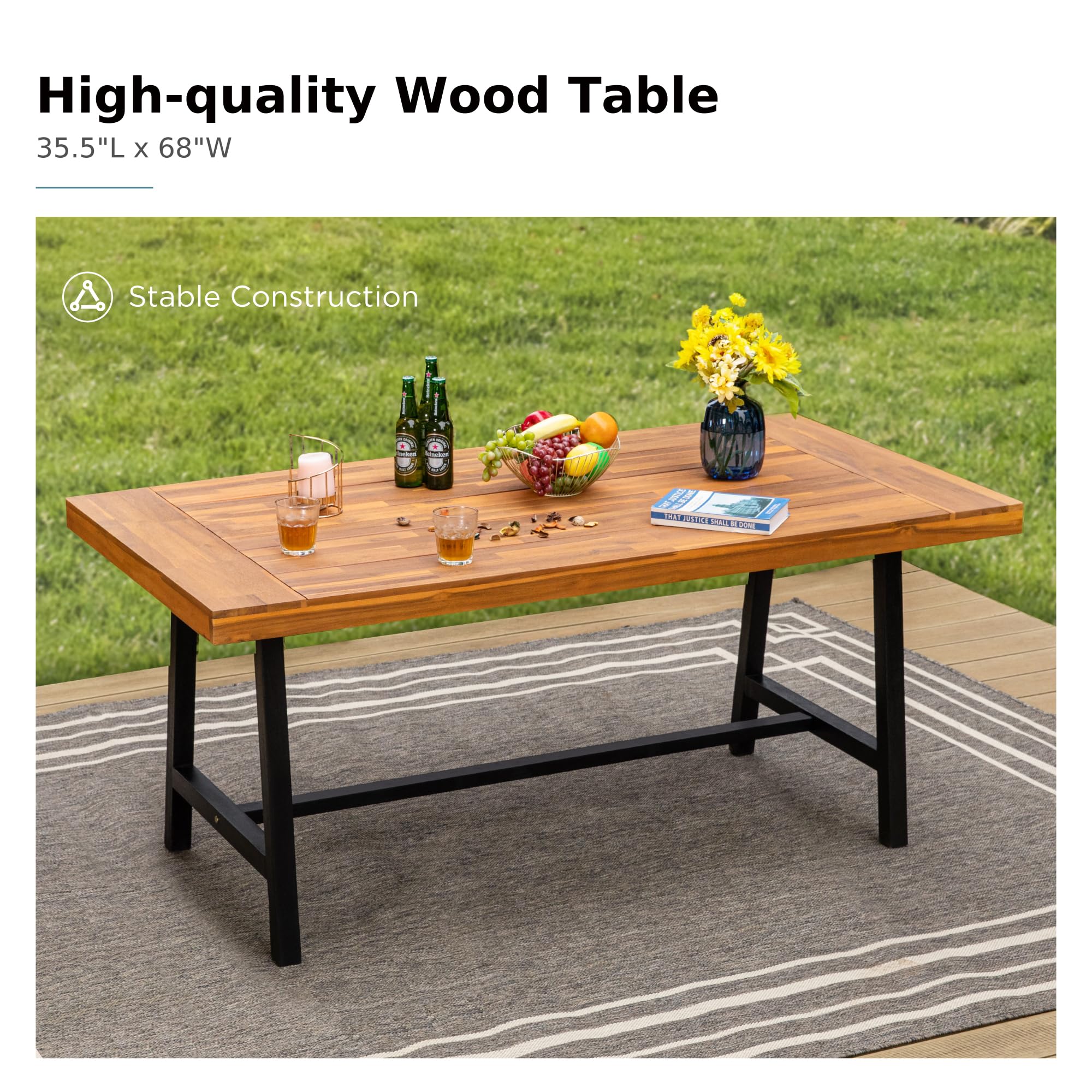 MFSTUDIO 7-Piece Acacia Wood Outdoor Dining Set - Rectangular Table & 6 Wicker Chairs, Brown Rattan Patio Furniture for Garden, Backyard, Poolside & BBQ Gatherings