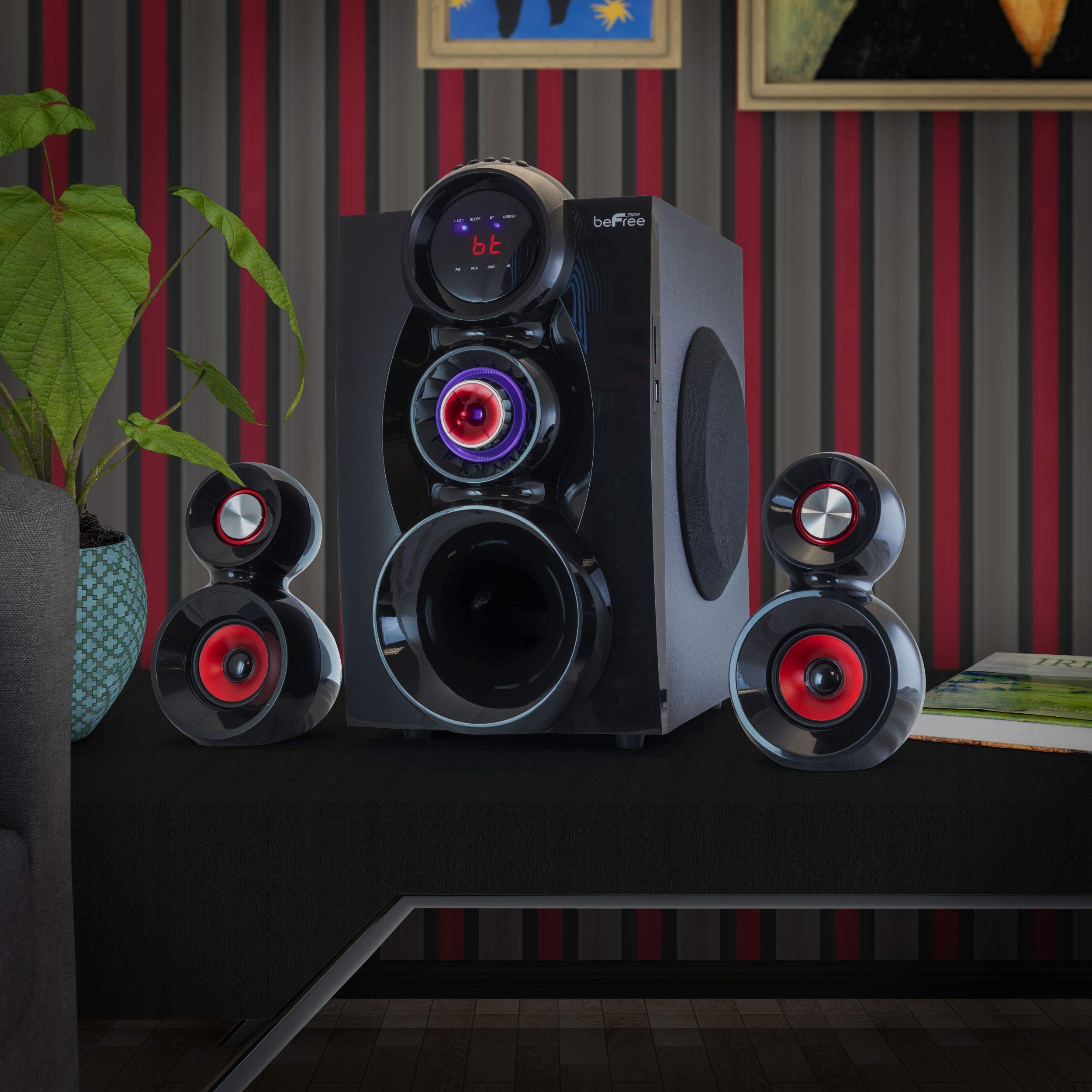 beFree Sound 5.1 Channel Bluetooth Surround Sound Speaker System with Subwoofer - Wireless Home Theater Audio for Movies, Music & Gaming (Red)