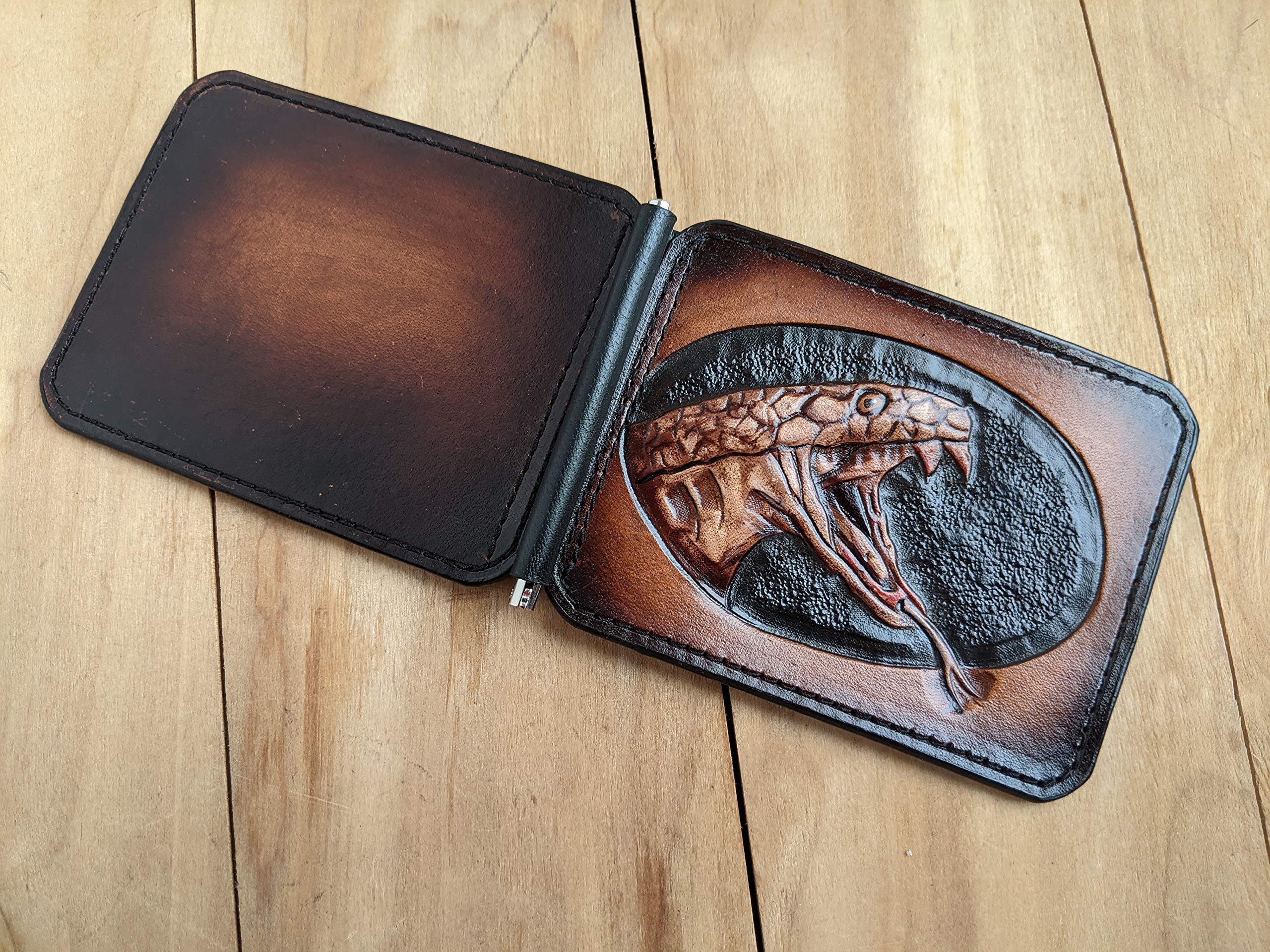 3D Genuine Leather Men's Wallet - Handmade Cobra Snake Python Anaconda Carved Tooled Design with Money Clip | Custom Personalized Airbrush Art Wallet for Everyday Use & Gift Giving