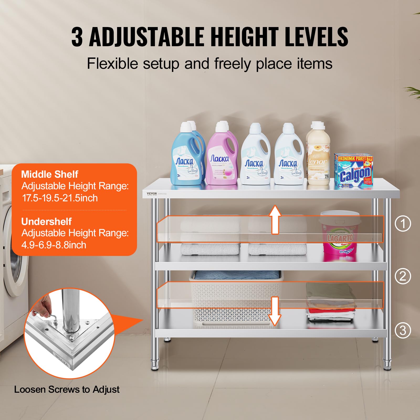 VEVOR 18 x 48 Inch Stainless Steel Commercial Food Prep Table with Adjustable Undershelves - Heavy Duty Metal Work Table for Kitchen, BBQ, Restaurant & Home Use - Perfect for Food Preparation, Cooking & Garage Storage