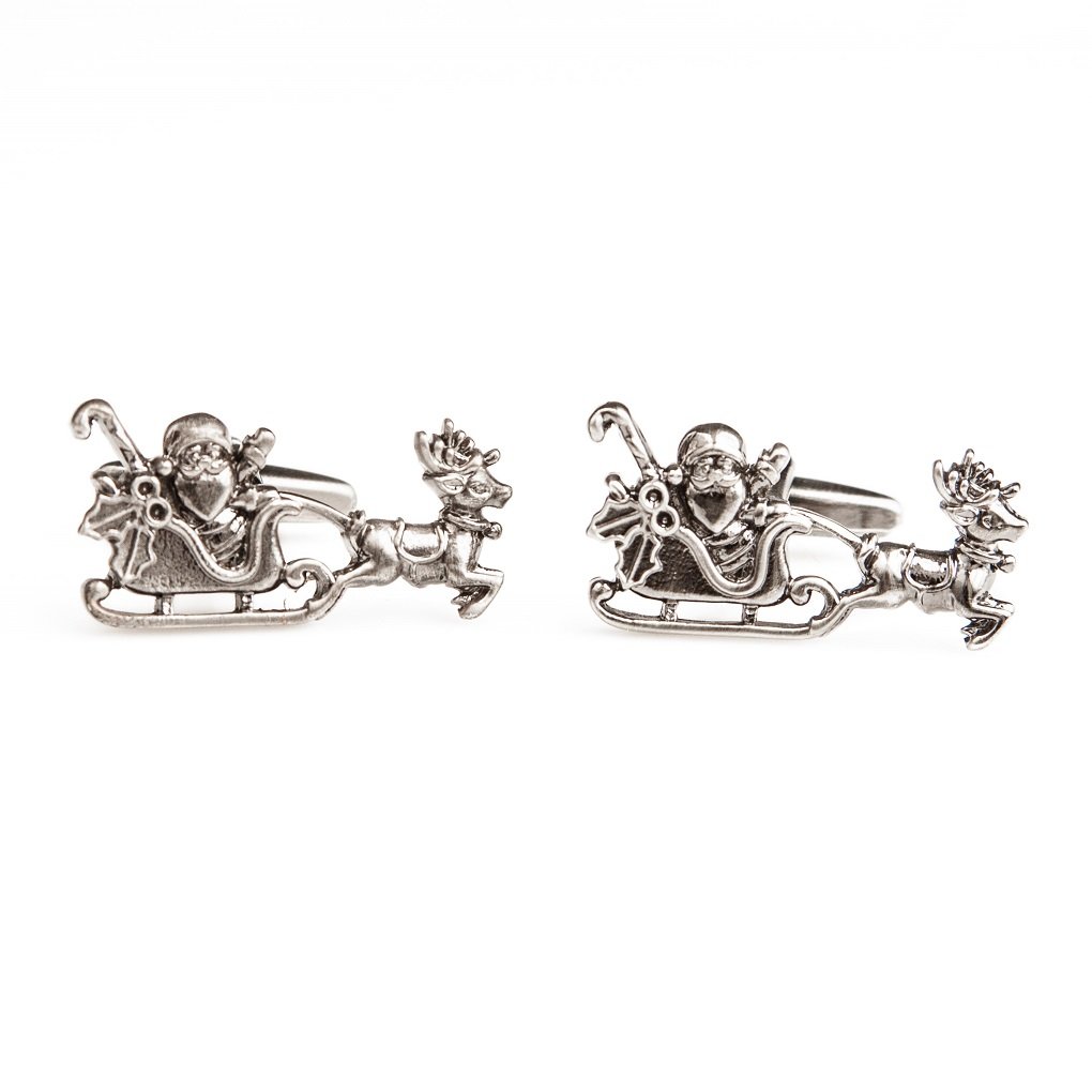 MRCUFF Santa Claus Christmas Reindeer Sleigh Cufflinks Set - Sterling Silver Dress Cuff Links for Men with Gift Box & Polishing Cloth - Perfect for Holiday Parties, Weddings & Formal Events
