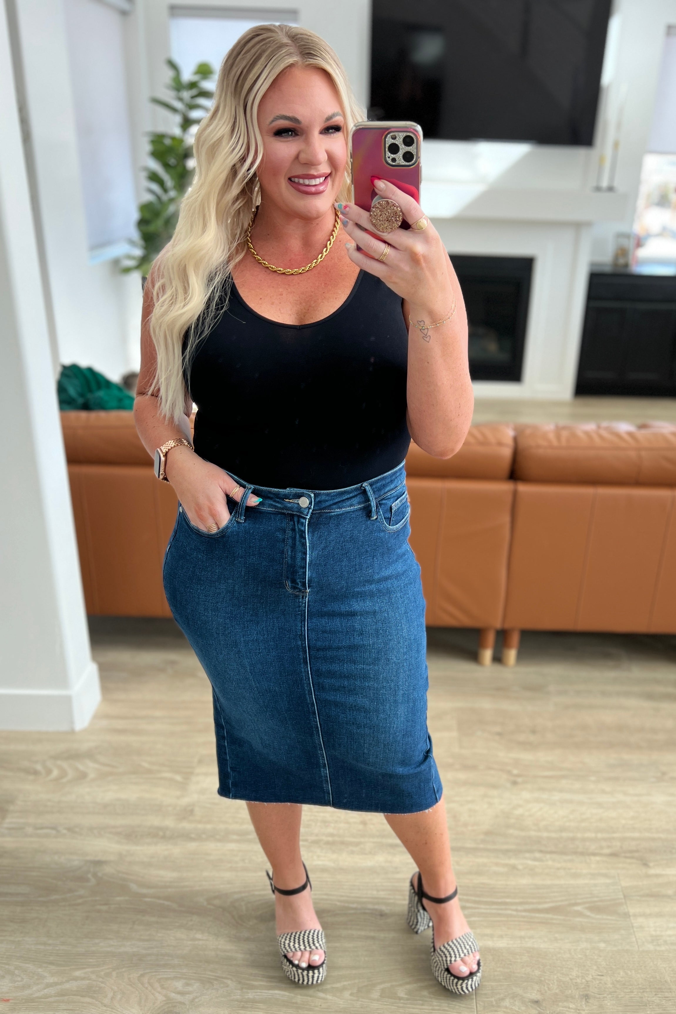 Marcy High Rise Denim Midi Skirt for Women - Stretchy Comfort Fit A-Line Denim Skirt | Perfect for Casual Outfits, Office Wear & Date Nights
