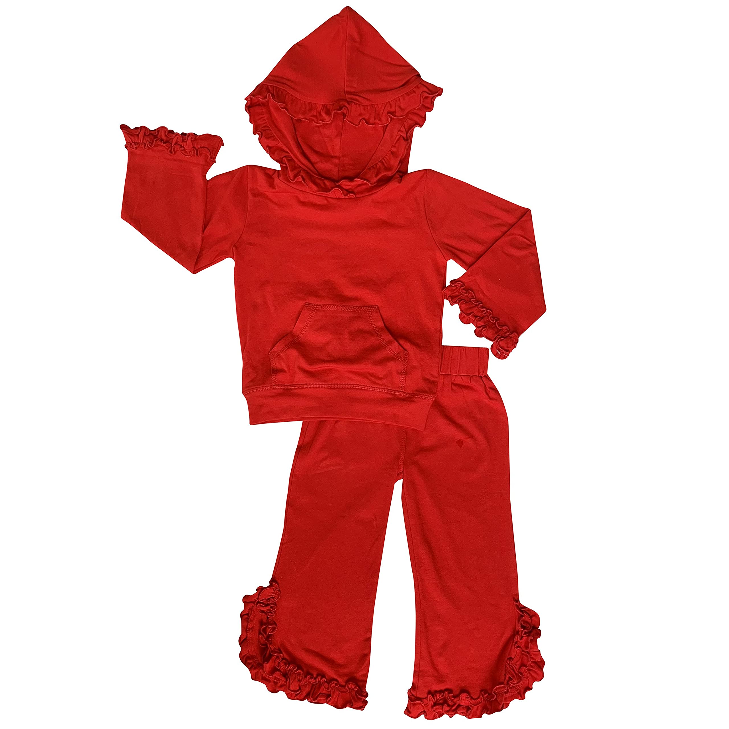 AnnLoren Girls Red Ruffle Hoodie 2-Piece Fashion Track Suit Set - Soft Jacket & Sweatpants Outfit for School, Playdates & Casual Wear