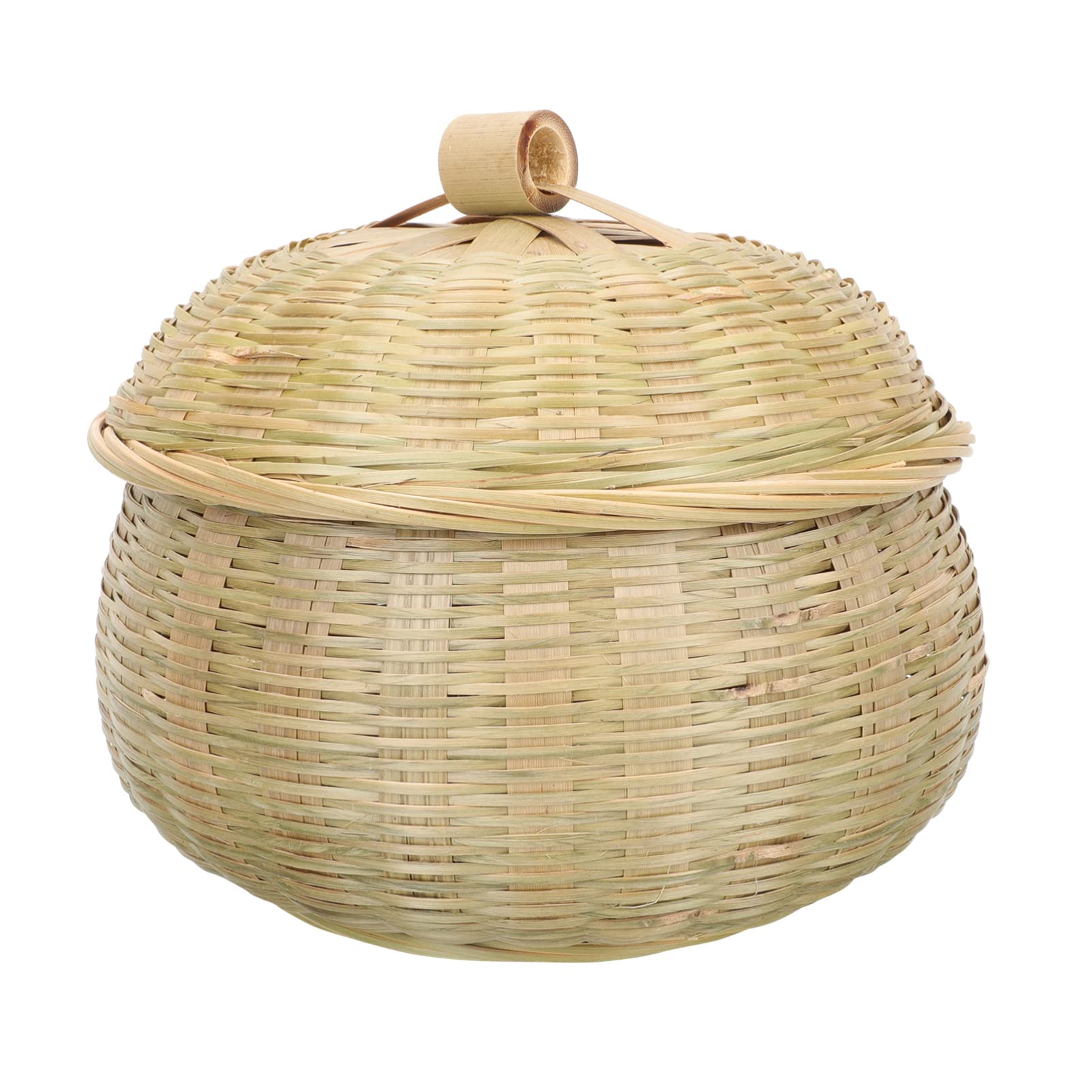YARDWE Round Bamboo Woven Storage Basket with Lid - 19x15.5cm Organizer Bin for Bread, Food, Fruits & Kitchen Table Organization - Perfect for Pantry, Bathroom & Home Decor Storage
