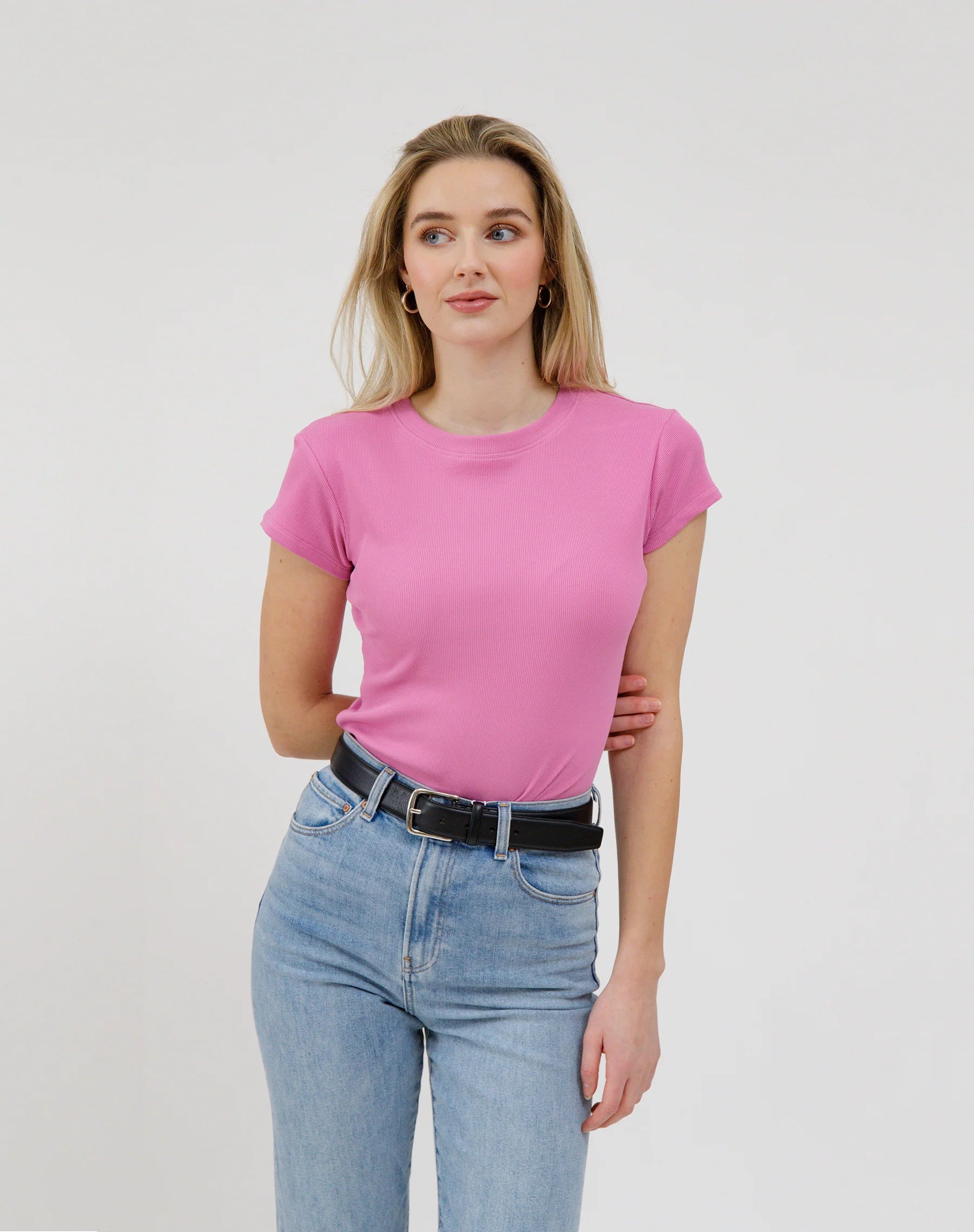 Brunette the Label Ribbed Fitted Cap Sleeve Top - Women's Stretchy Slim Fit T-Shirt for Casual Wear, Work & Date Nights