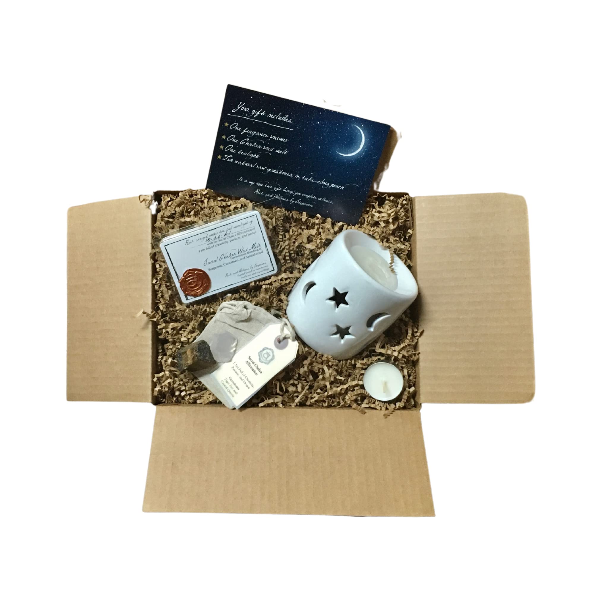 Reiki Charged Healing Crystals Set with Chakra Wax Melts & Wax Warmer - Raw Gemstones, Tealight Candle, Affirmation Cards for Meditation & Relaxation - Perfect for Chakra Balancing, Stress Relief & Spiritual Gifts (Sacral Chakra)