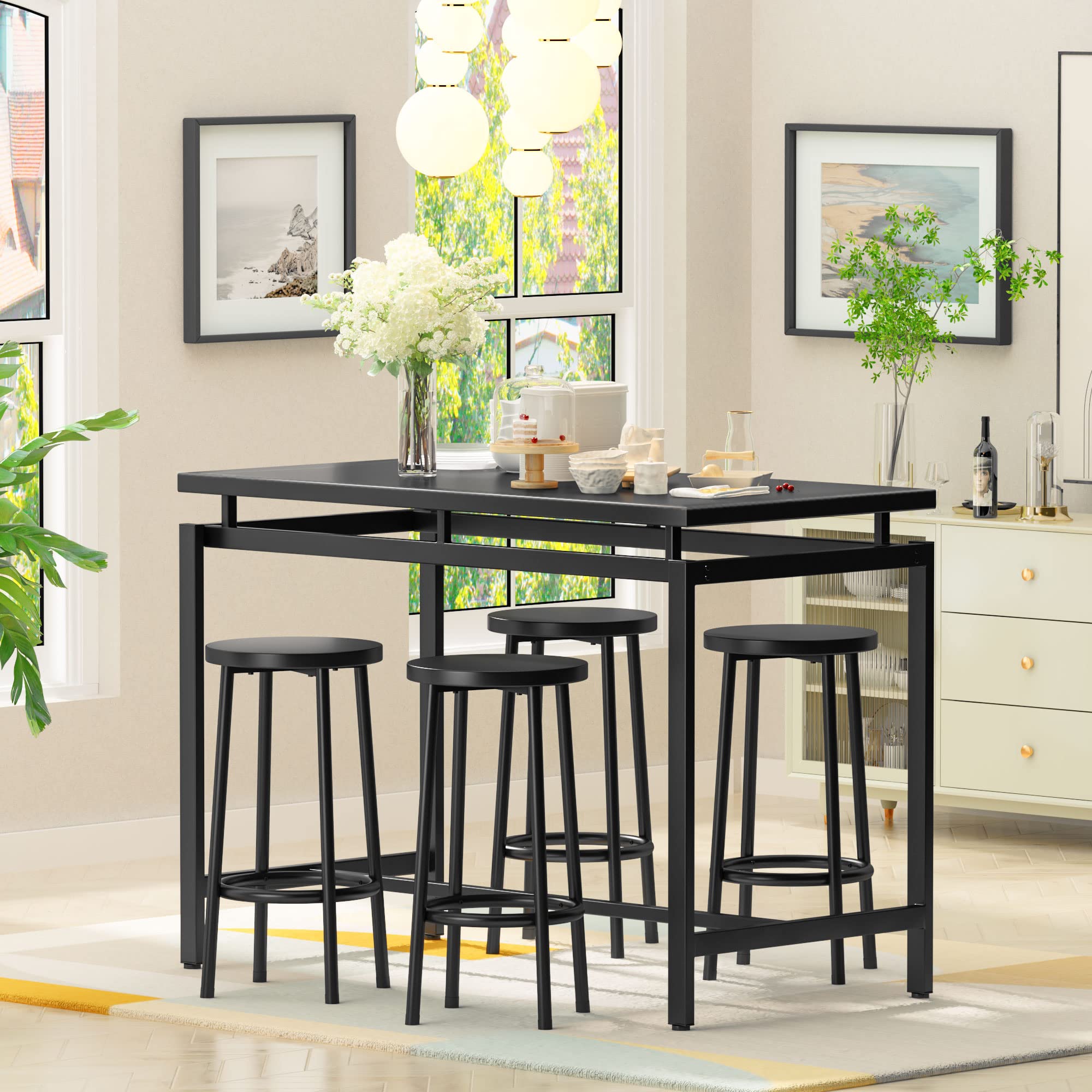 Hooseng 5-Piece Industrial Dining Table Set with 4 Stools, 35.4