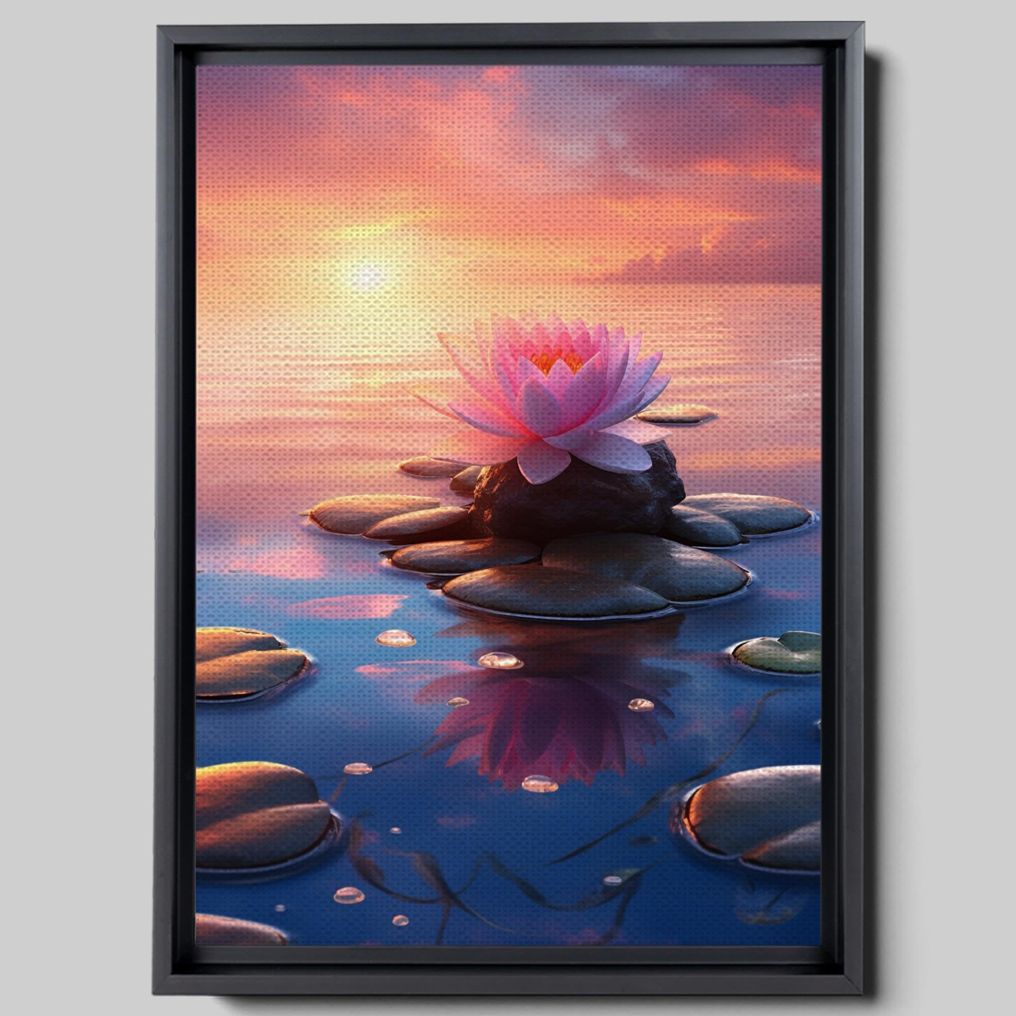 Zen Wall Art Decor - Framed Canvas Print of Peaceful Zen Garden with Stone Flower and Sunset Water Scene - Meditation & Yoga Room Decor for Home, Office, Spa - Perfect for Relaxation and Mindfulness Spaces