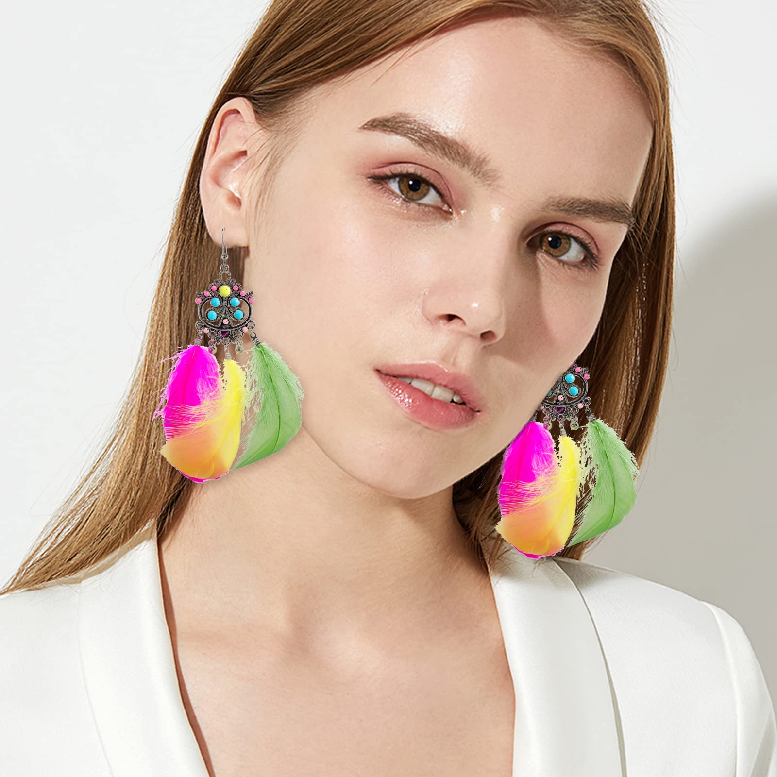 Handmade Mardi Gras Feather Dangle Earrings for Women - Natural Feather Carnival Jewelry & Holiday Accessories | Perfect for Parties, Festivals & Costume Events