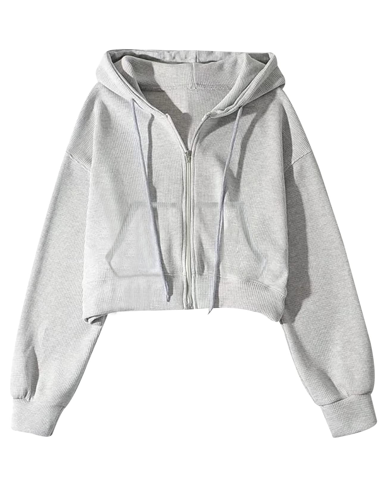Yimoon Women's Cropped Zip Up Hoodie - Vintage Waffle Knit Sweatshirt with Pockets | Long Sleeve Casual Jacket for Streetwear & Loungewear