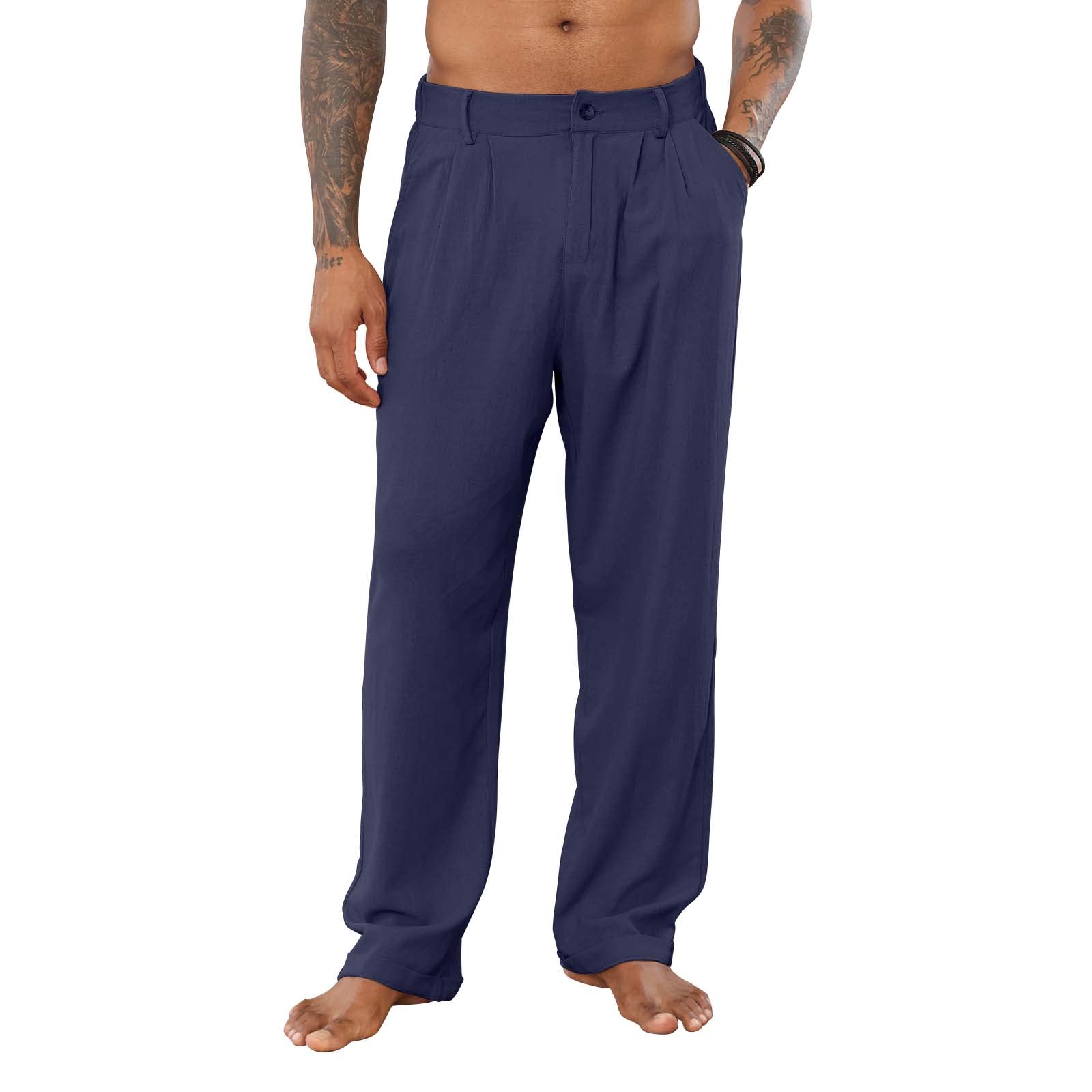 Men's Cotton Linen Pants - Elastic Drawstring Waist Casual Lounge Pants - Breathable Loose Fit Yoga & Beach Wear for Summer, Travel, and Relaxation