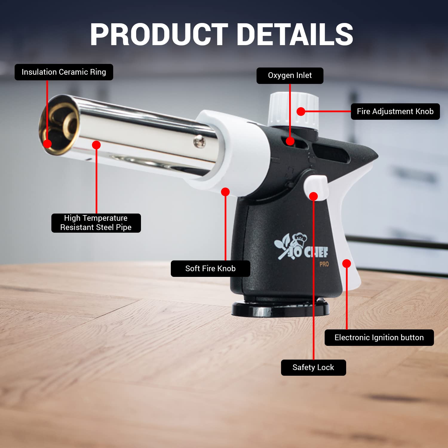Jo Chef Pro Butane Torch Lighter - Refillable Adjustable Flame Culinary Torch with Safety Lock for BBQ, Baking, Creme Brulee, Soldering & Crafts (Includes 4 Butane Canisters) | Perfect for Kitchen, DIY Projects & Outdoor Cooking
