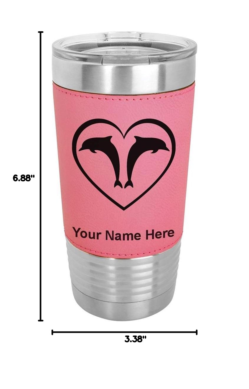 LaserGram 20oz Vacuum Insulated Stainless Steel Tumbler Mug with Leak-Proof Lid - Custom Engraved Dolphin Heart Design, Faux Leather Wrap & Pink Color - Perfect for Coffee, Tea & Cold Drinks at Home, Office or Travel