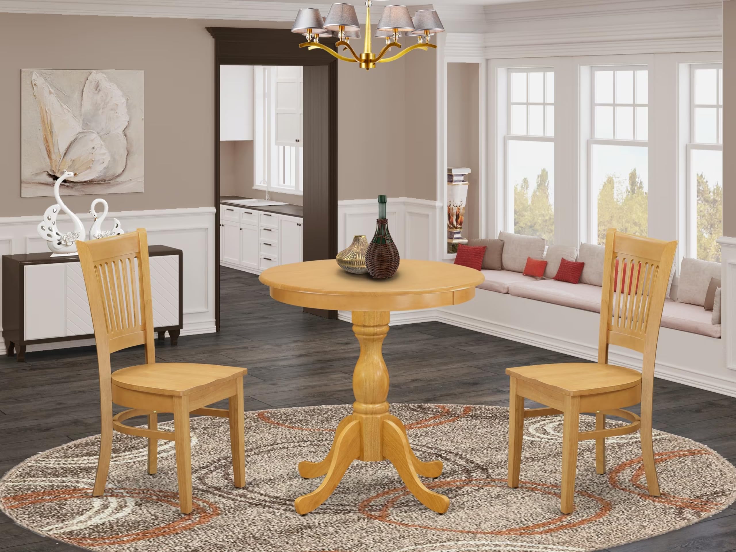 Modern 3-Piece Dining Table Set - Round Oak Wood Table with Pedestal Base & 2 Matching Chairs (30x30 Inch) - Perfect for Small Kitchen, Breakfast Nook, or Apartment Dining Area