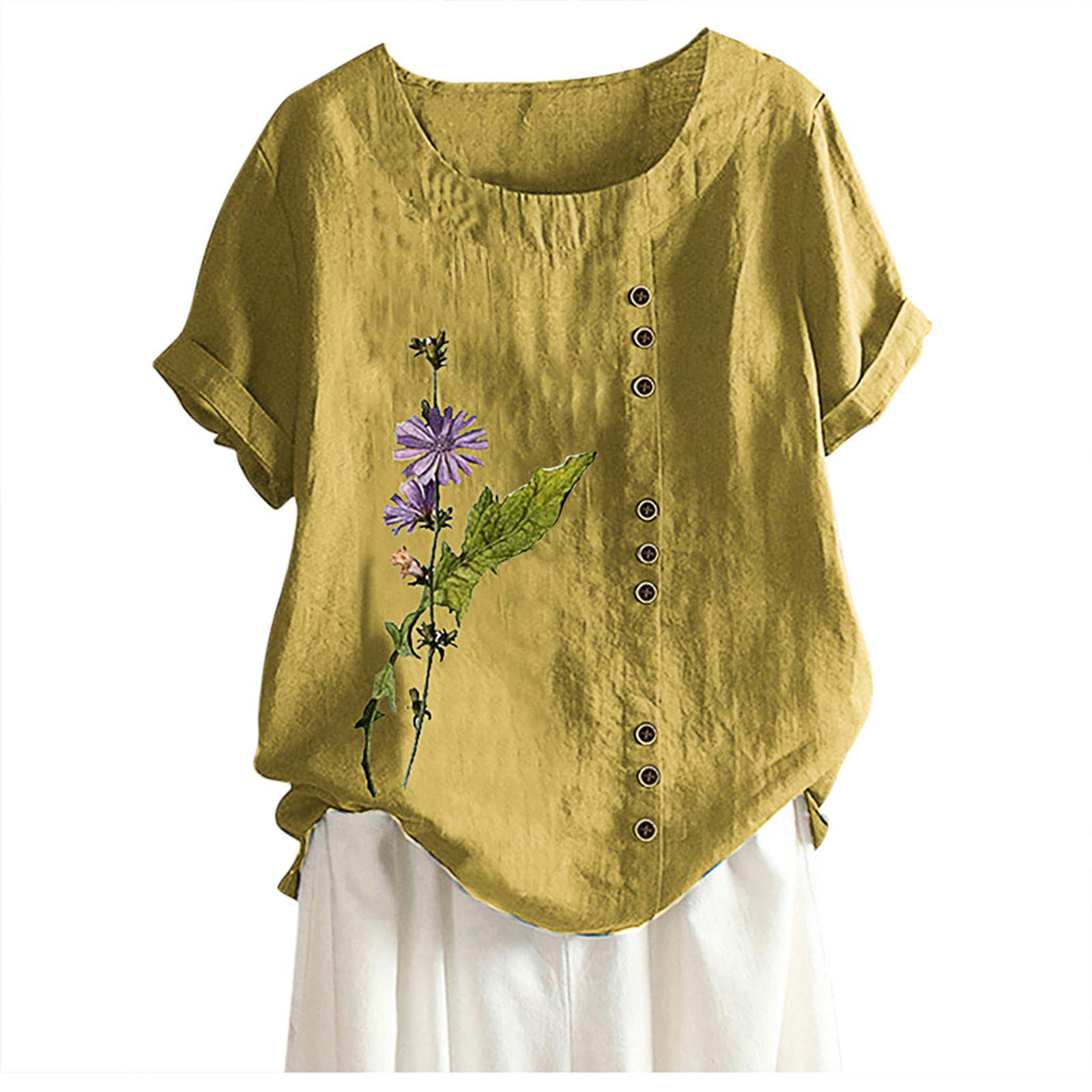 Women's Casual Short Sleeve Summer Floral Print Cotton Linen Blouse - Loose Crew Neck T-Shirt Top for Plus Size | Perfect for Beach Outings, Picnics & Everyday Wear