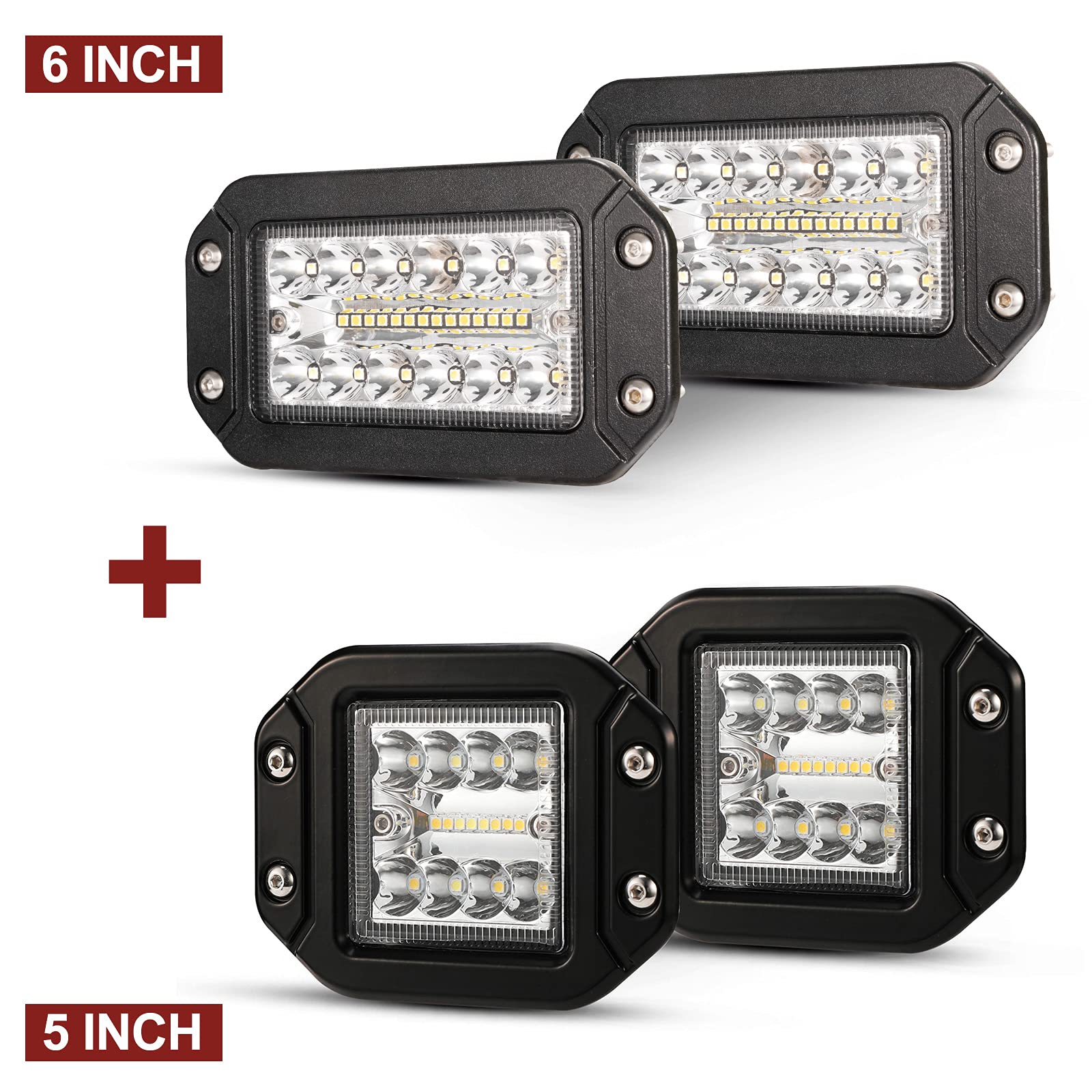 BUNKER INDUST 2Pcs 6 Inch Flush Mount LED Pod Lights + 2Pcs 5 Inch Flush Mount LED Work Lights - Waterproof Off-Road Lighting for Trucks, Jeeps, ATVs & Marine Boats