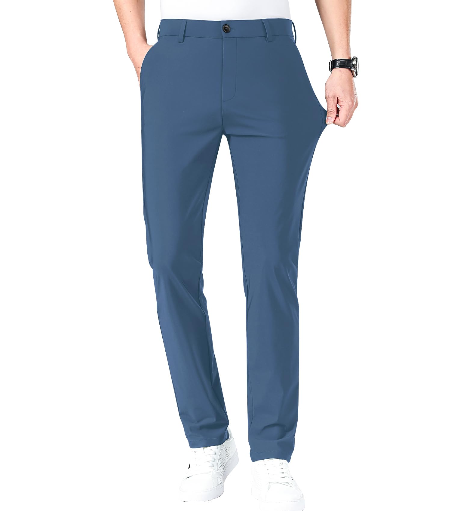 LUSHENUNI Men's Slim High Stretch Golf Pants - Breathable Ice Silk Dress Pants with Expandable Waist for Golfing, Office & Business Casual Wear