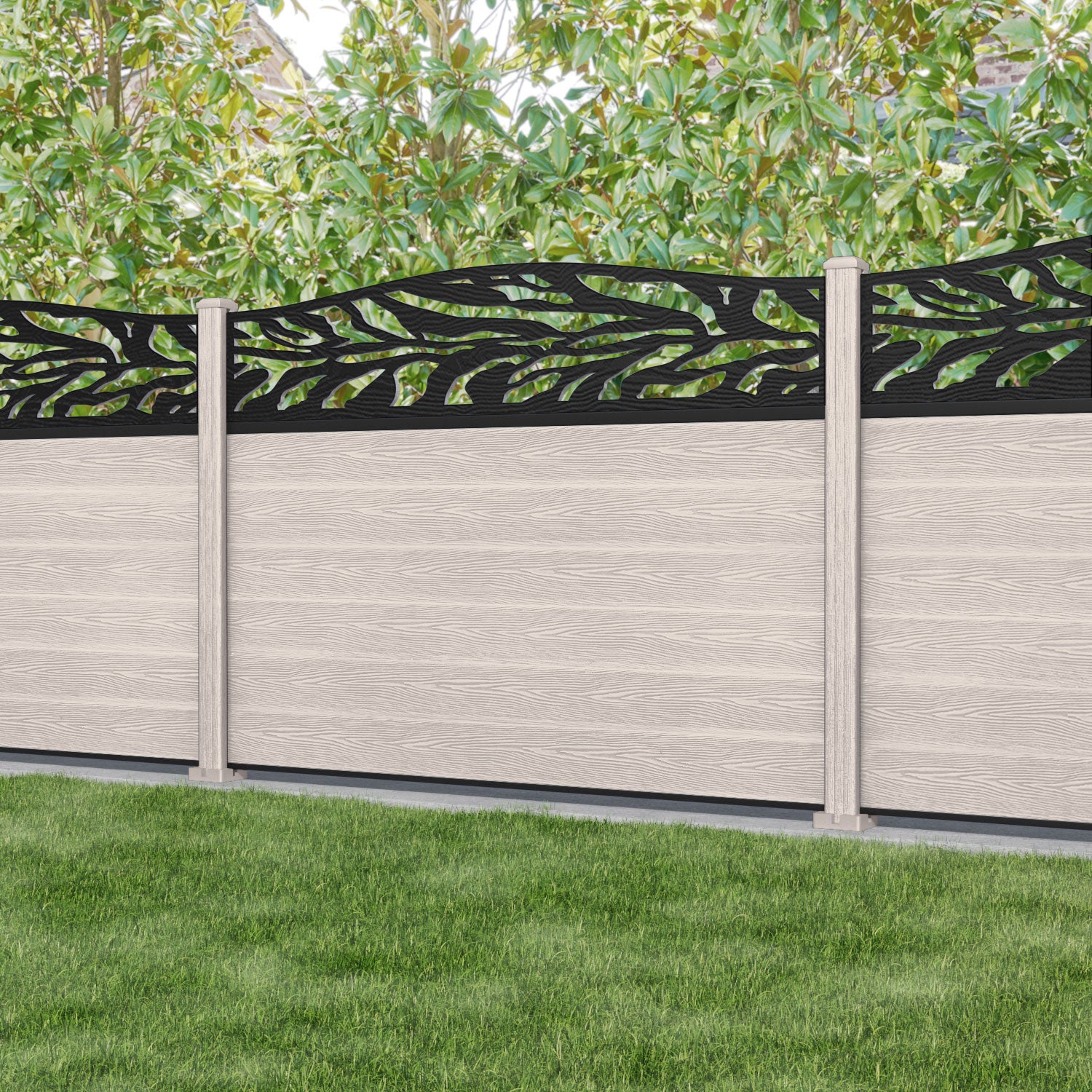 Classic Malawi Curved Top Fence Panel - Mid Stone Color with Composite Posts | Durable Outdoor Privacy Fence for Backyard, Garden & Pool Areas