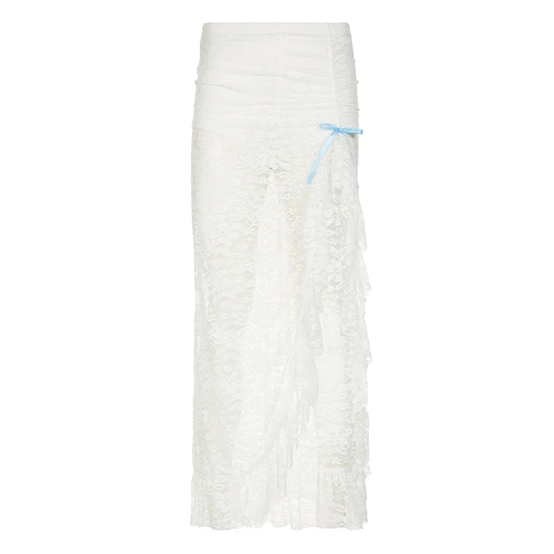 Elegant Asymmetrical White Lace Skirt for Women - Bow Ruffles, See-Through Split Design, Korean Style Party Long Skirt | Perfect for Evening Events, Date Nights, and Special Occasions