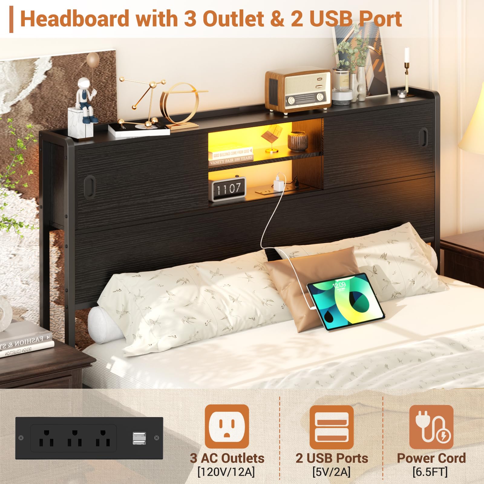 Homieasy Full Size Headboard with Storage - Sturdy Bookcase Design with Outlet, USB Ports & LED Lighting - Sliding Door Storage & Bed Adapter - Perfect for Small Bedrooms & Studio Apartments (Black)