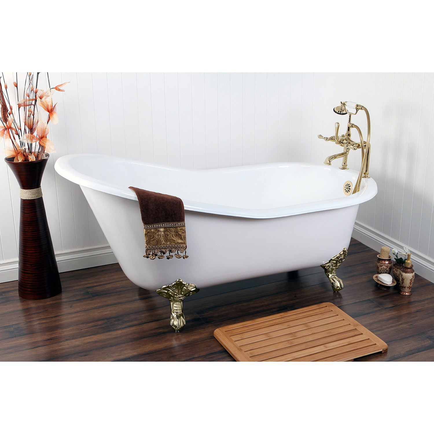 Aqua Eden 61 Inch White Cast Iron Clawfoot Bathtub with Polished Brass Feet - Oval Single Slipper Tub (7