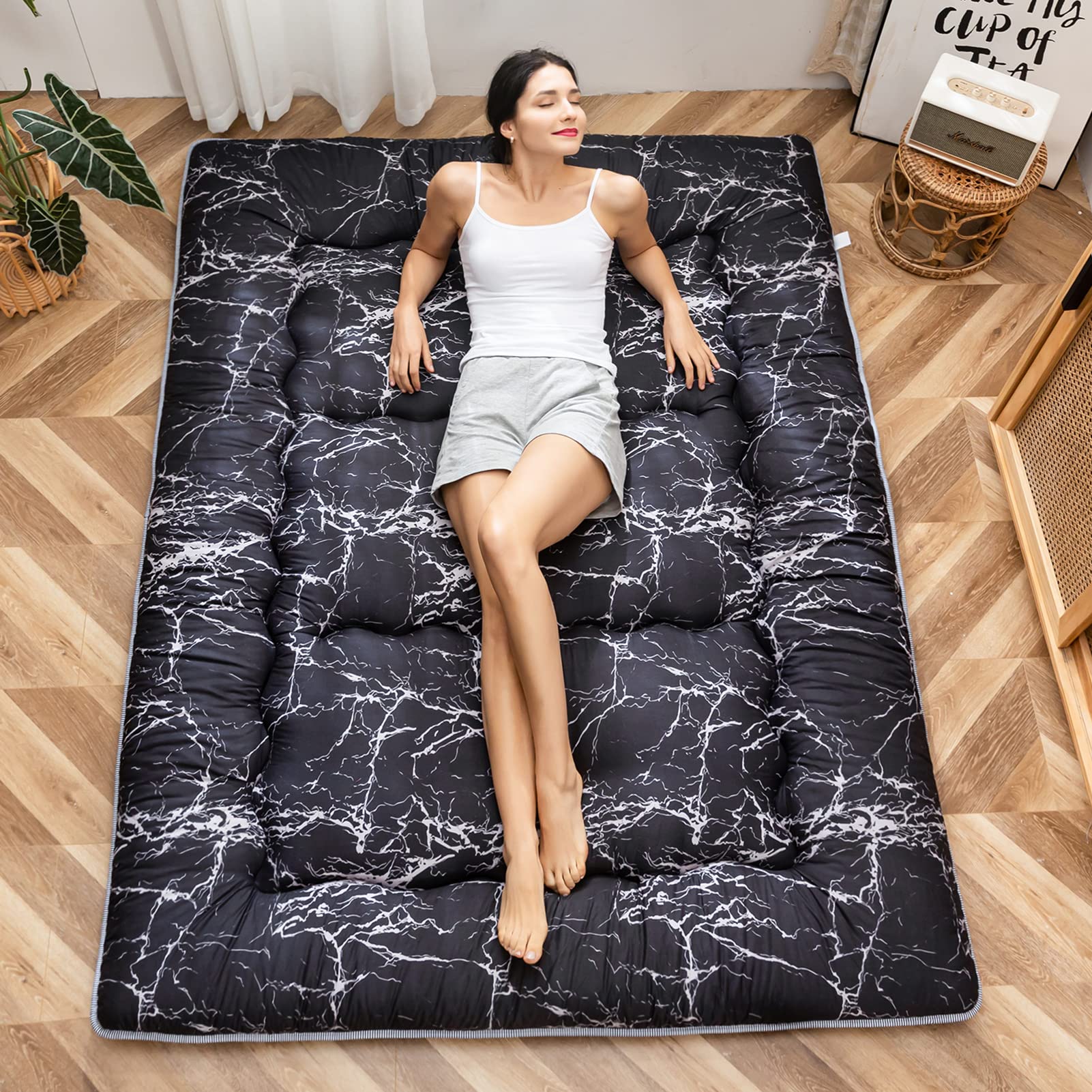 MAXYOYO Black Marble Printed Japanese Futon Floor Mattress - Thick Foldable Sleeping Pad for Camping, Guest Bed & Floor Topper | King Size | Perfect for Small Spaces, Dorm Rooms & Travel