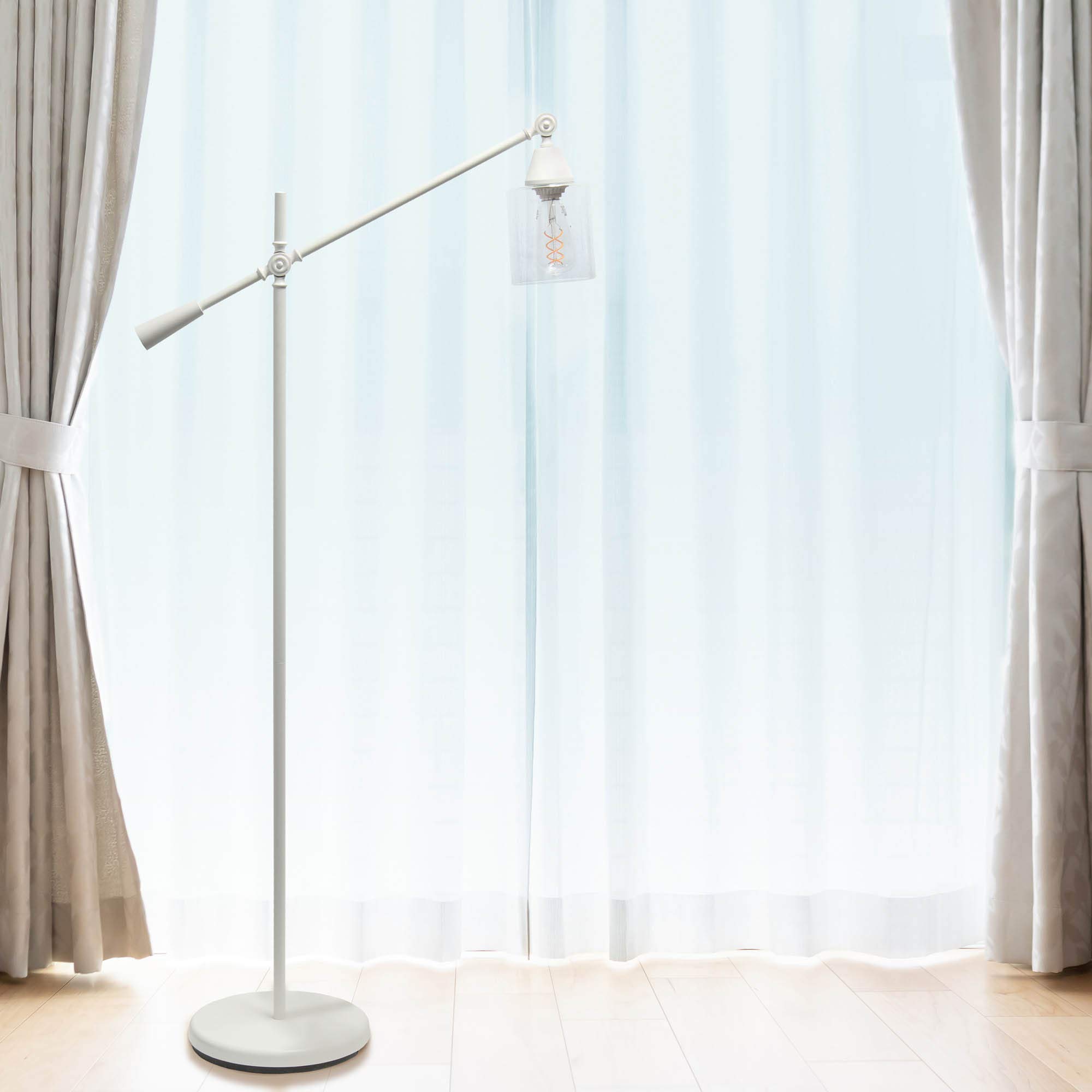 Modern Swing Arm Floor Lamp with Clear Glass Cylindrical Shade - Adjustable Reading Light for Living Room, Bedroom & Office - White Contemporary Lighting Fixture