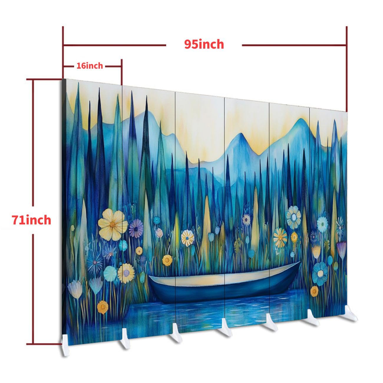 6-Panel Folding Room Divider - Sky Nature Landscape with Boat, Mountains & Flowers - Freestanding Canvas Privacy Screen for Home Office, Bedroom & Living Room - Indoor Partition & Protective Wall Separator