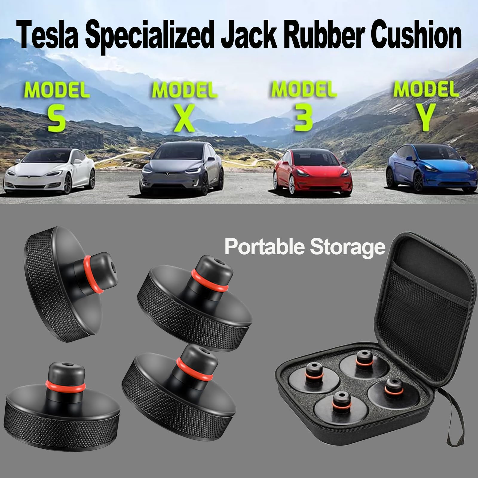 Tesla Model 3/Y/S/X Jack Pad Adapter (2016-2023) - 4-Pack Rubber Lift Pads with Storage Bag - Battery & Chassis Protection Accessories - Perfect for Garage Repairs & Mobile Tire Changes