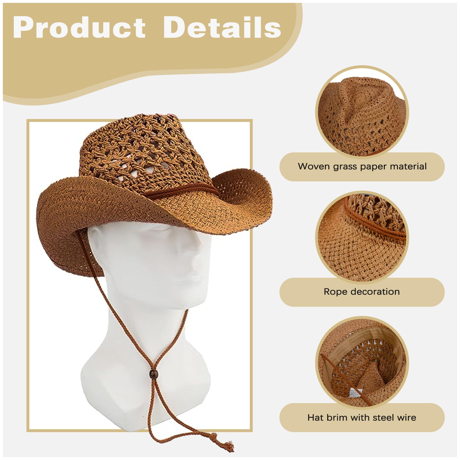 Stylish Straw Cowboy Hat with Wide Brim - Summer Western Sun Hat for Men & Women - Perfect for Beach, Festival, and Holiday Parties - Includes Matching Sunglasses
