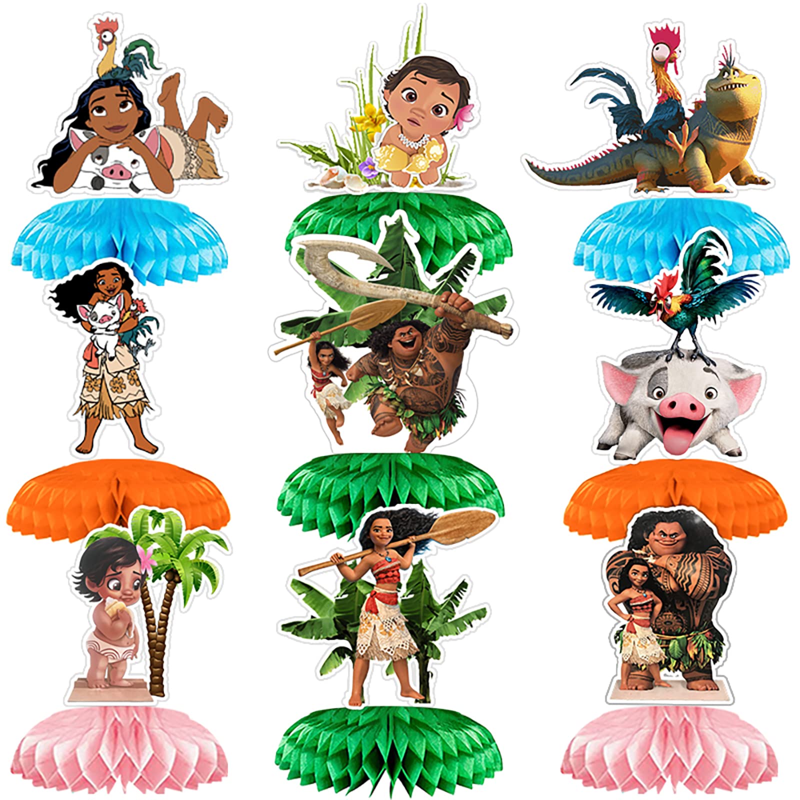 9Pcs Moana Honeycomb Centerpieces for Party Decorations - Tropical Themed Table Decor for Moana Birthday Party, Baby Shower & Luau Events