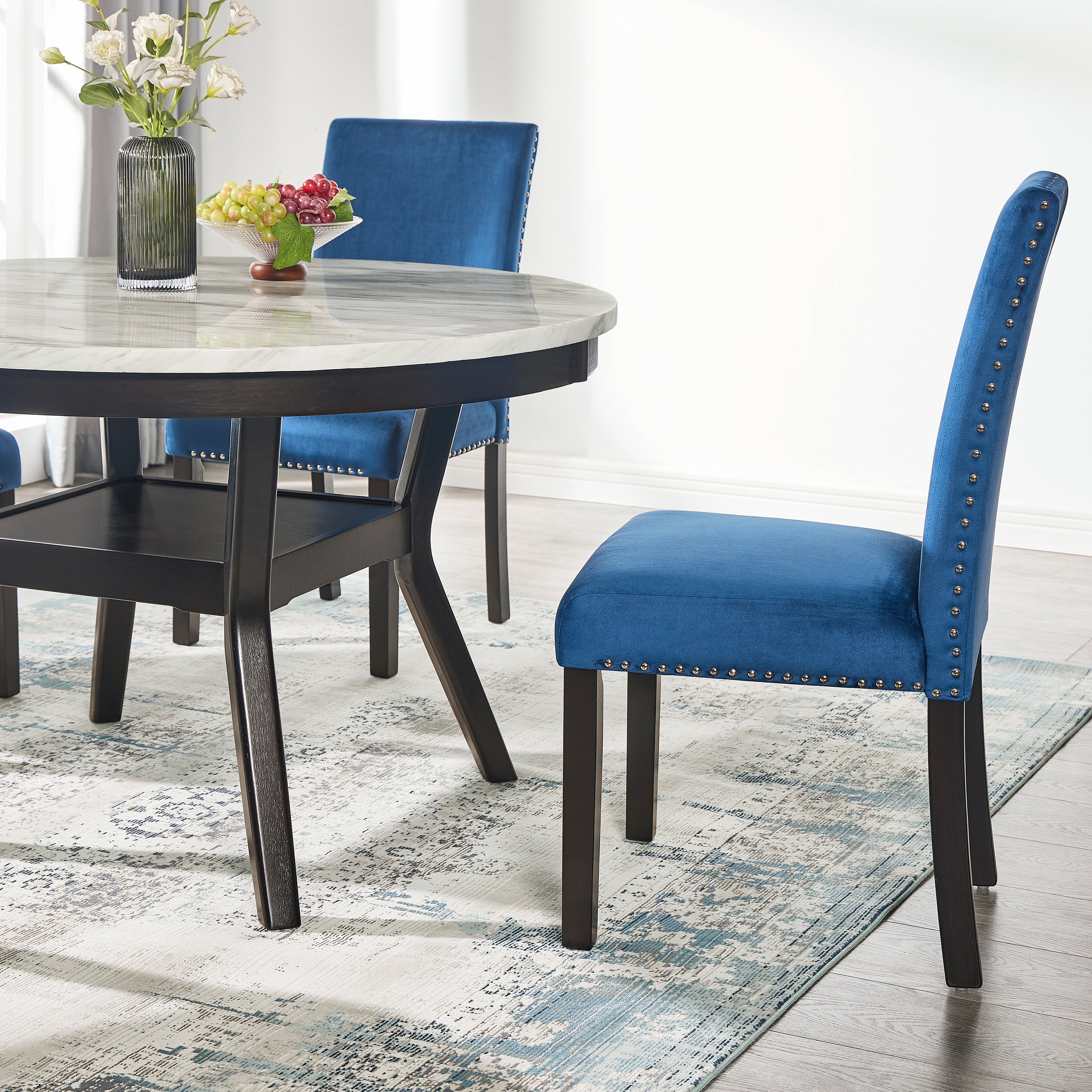Roundhill Furniture 5-Piece Mella Dining Set - Round Faux Marble Table with 4 Velvet Parsons Chairs, Dark Espresso Finish - Perfect for Small Spaces, Breakfast Nooks & Modern Apartments