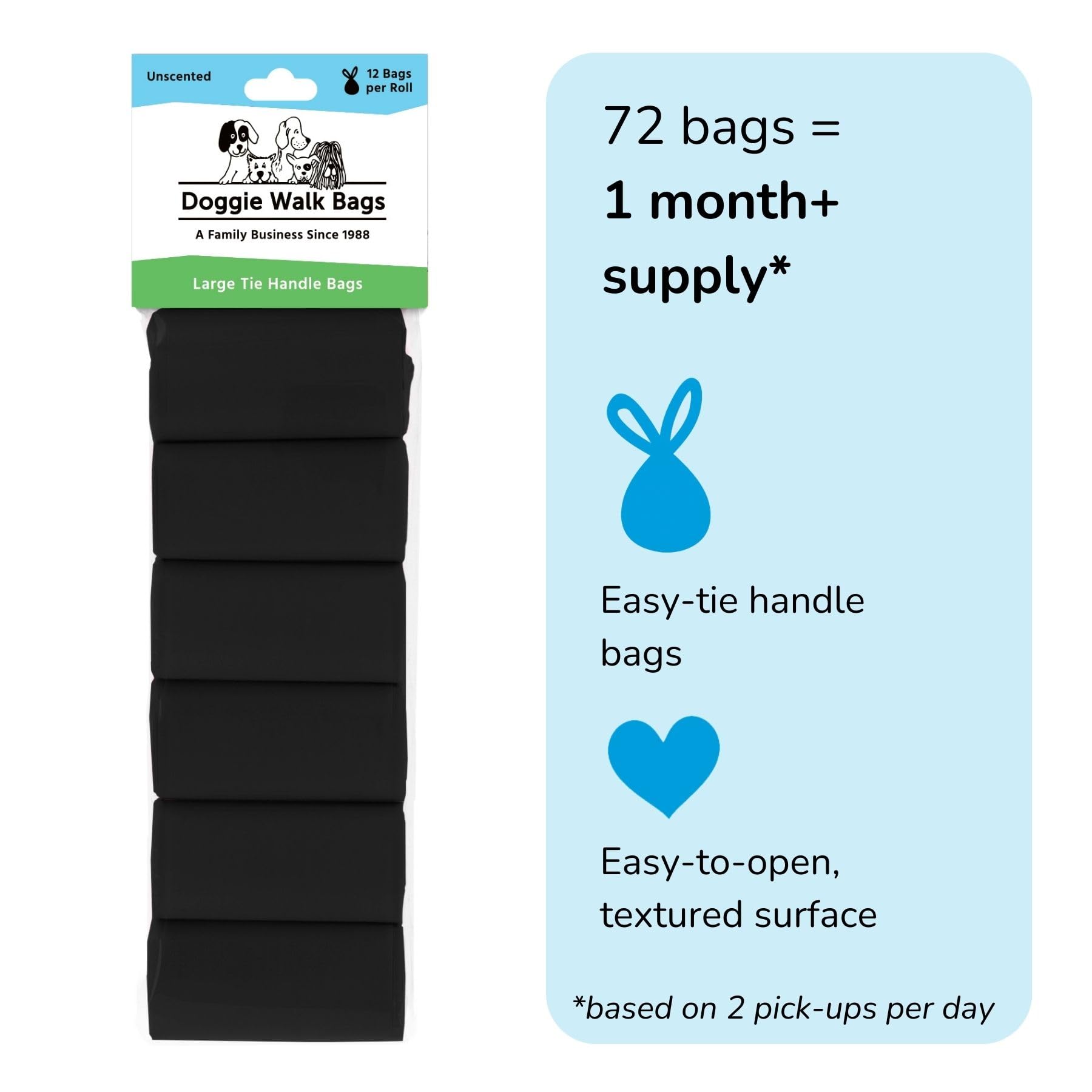Large Dog Poop Bags on Roll - 72 Count Strong Leak-Proof Waste Bags with Easy Tie Handles | Unscented Black Dog Waste Bags for Daily Walks, Park Cleanup & Pet Hygiene
