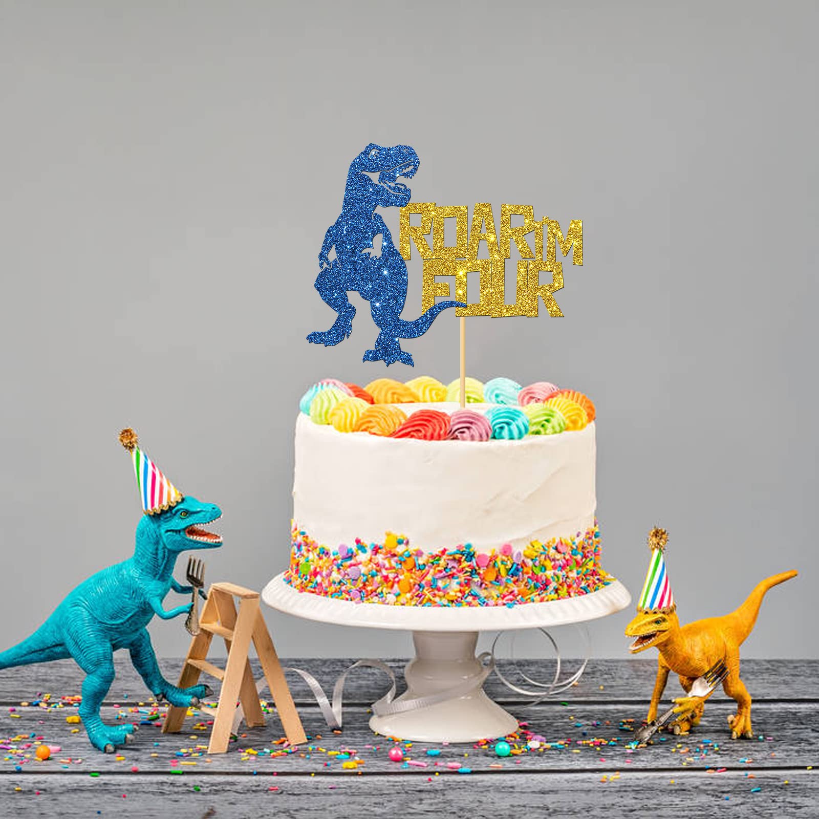 Dinosaur Cake Topper for 4th Birthday - Gold & Blue Glitter 'I'm Four' Cake Decorations for Boys | Perfect for Dinosaur Themed Birthday Parties, Baby Showers & Kids Celebrations