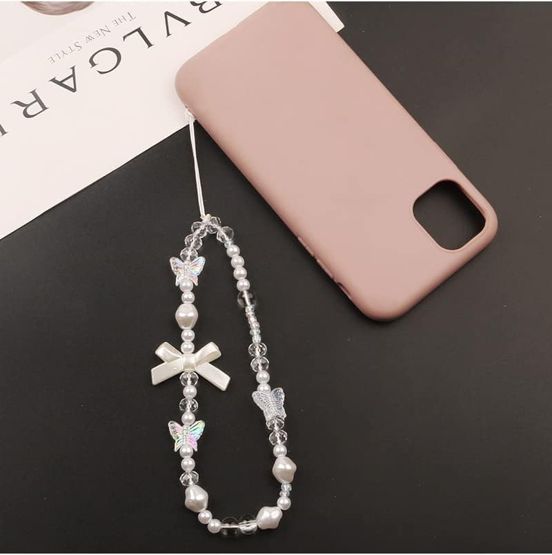 Fashionable Pearl Beaded Phone Lanyard with Bow & Butterfly Charm - Universal Anti-Lost Wrist Strap for Women & Girls - Perfect for iPhone, Samsung, Keys & Wallet Accessories - Great for Work, Travel & Everyday Use