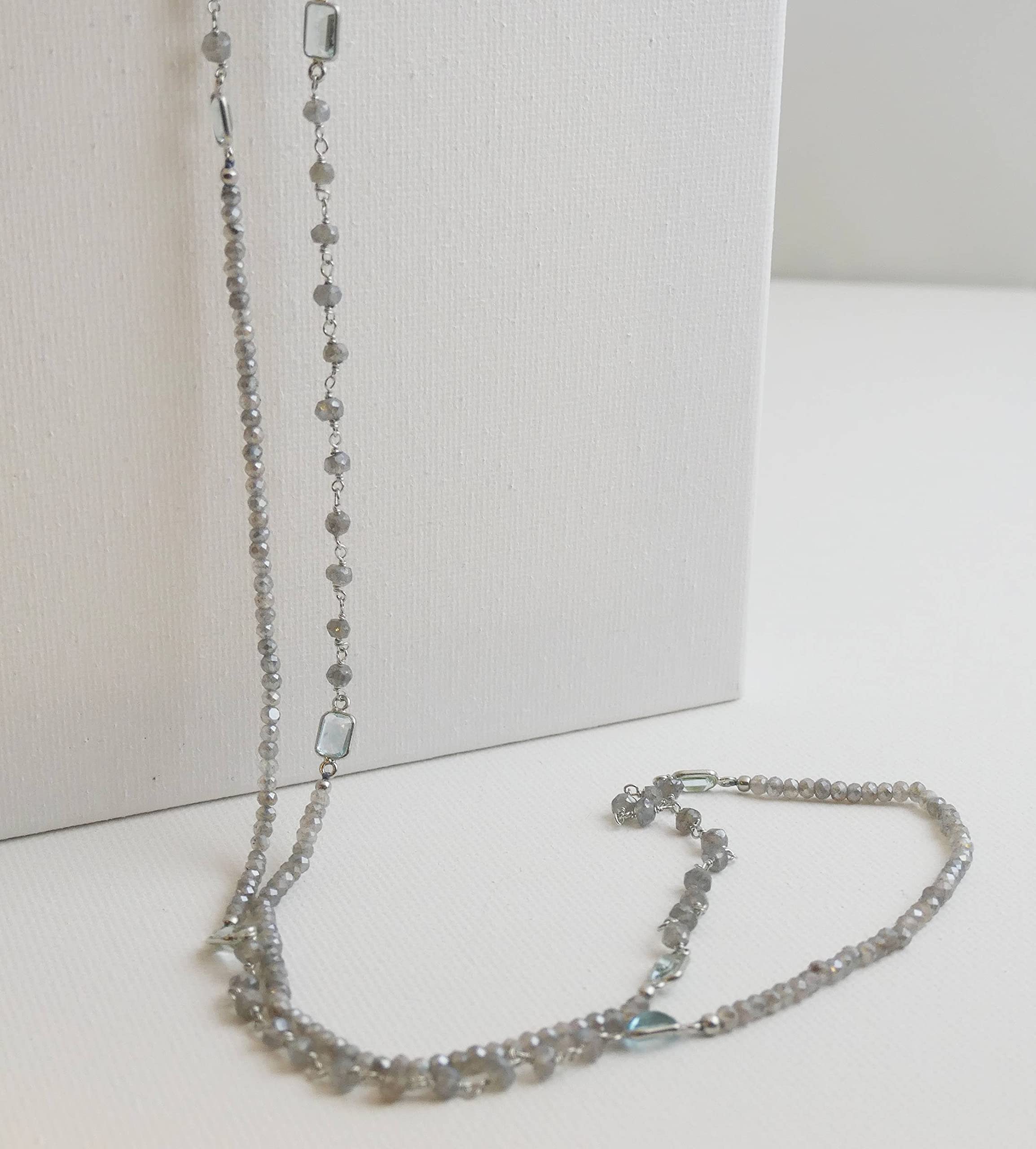 Labradorite & Blue Topaz Sterling Silver Necklace 103cm - Natural Gemstone Jewelry for Women - Handmade Birthday, Valentine's & Mother's Day Gift - Elegant Everyday Wear & Special Occasion Accessory