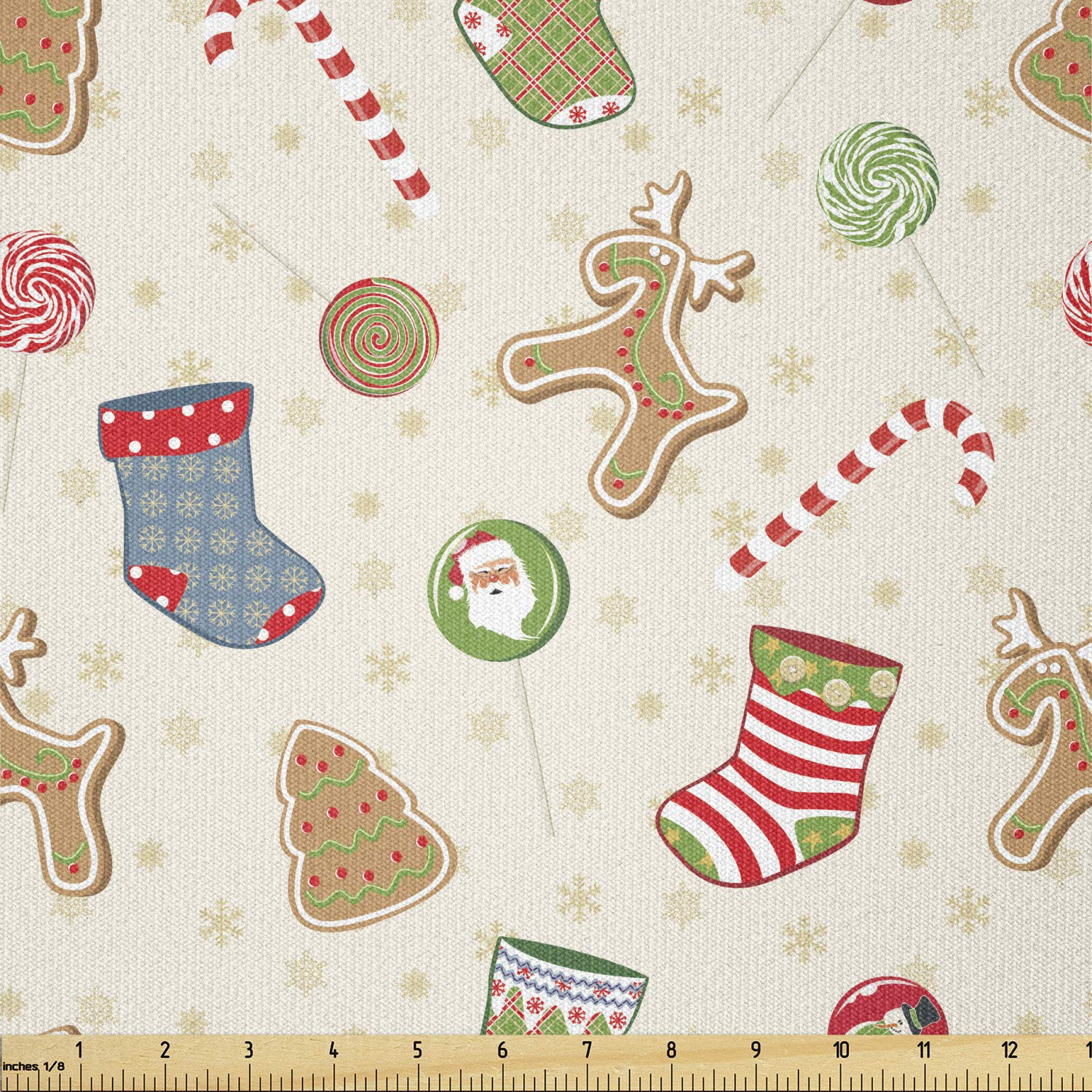 Ambesonne Christmas Fabric by The Yard - Traditional Holiday Sweets Gingerbread Cookies & Candy Print Stretch Knit Fabric for Clothing, Sewing, DIY Crafts (10 Yards, Multicolor) - Perfect for Christmas Decorations, Party Backdrops, Holiday Apparel & Home Sewing Projects