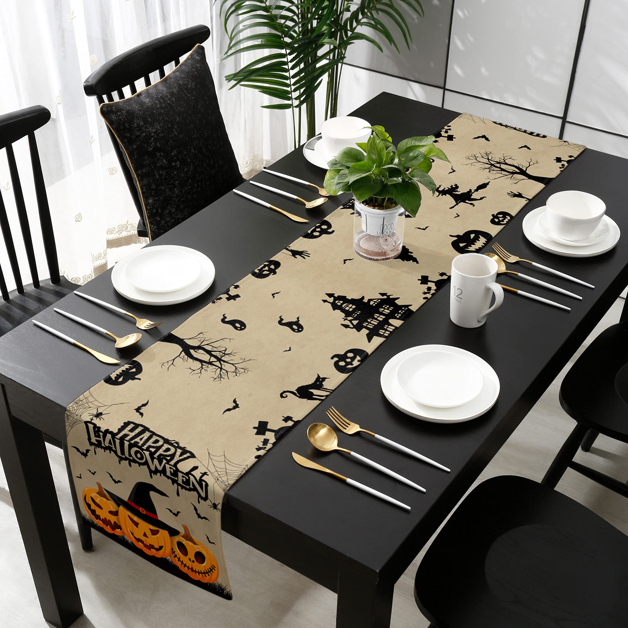 Halloween Burlap Table Runner 108 Inches - Scary Evil Pumpkins & Witches Hat Design for Spooky Decor, Kitchen, Dining & Coffee Tables - Perfect for Halloween Parties, Movie Nights & Holiday Home Decor