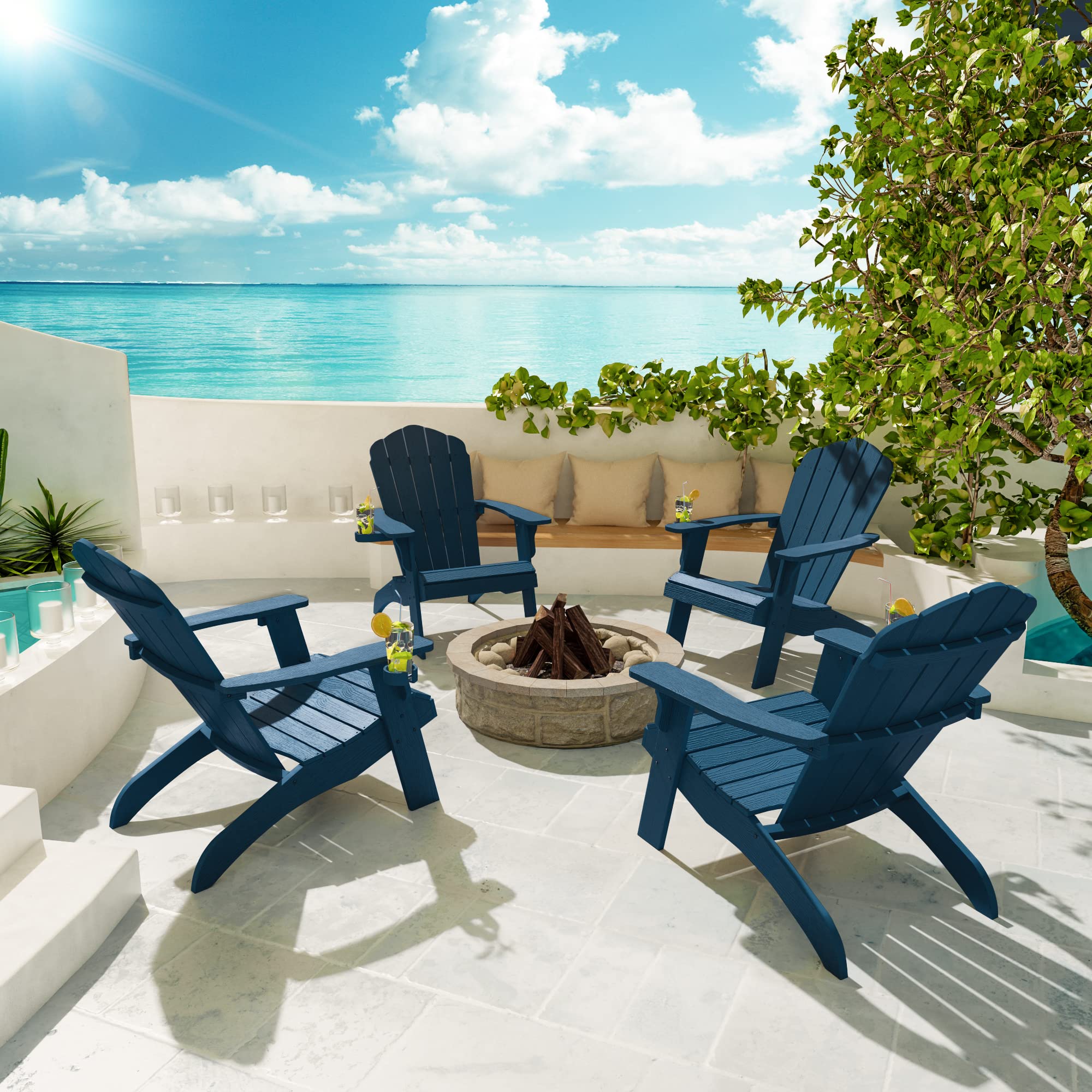 YEFU Oversized Plastic Adirondack Chair Set of 4 - Weather Resistant Outdoor Patio Furniture with Cup Holders, Heavy Duty Poly Lumber for Deck, Garden, Lawn, Backyard & Poolside Relaxation - Navy Blue