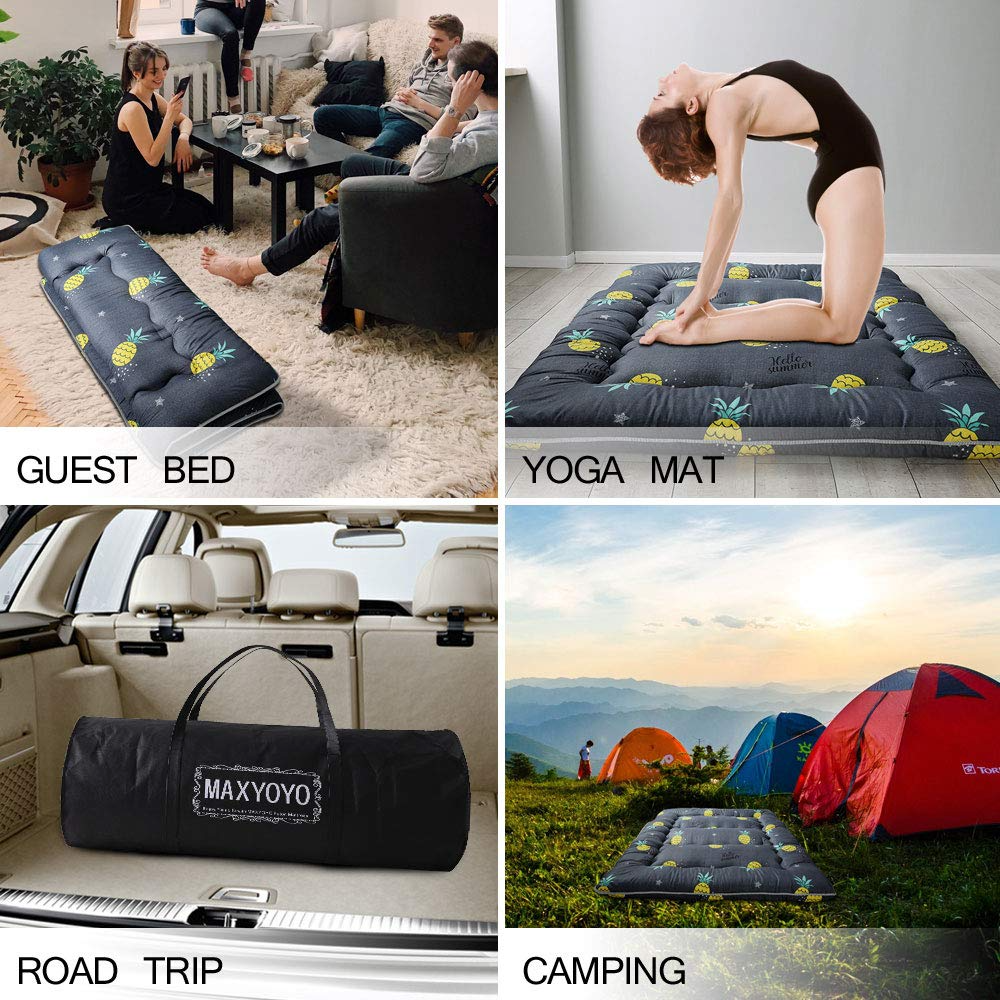 MAXYOYO Ultra Thick Grey Pineapple Futon Floor Mattress - Foldable Guest Bed for Small Spaces, Camping & Sleepovers