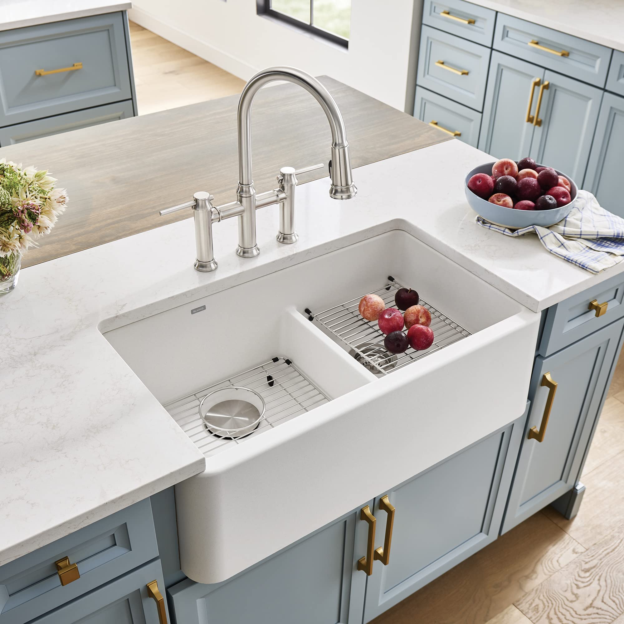 BLANCO 402339 Stainless Steel Sink Grid for Ikon SILGRANIT Double Bowl Farmhouse Sink - Large Bowl Size, Durable Kitchen Accessory for Food Prep & Dishwashing
