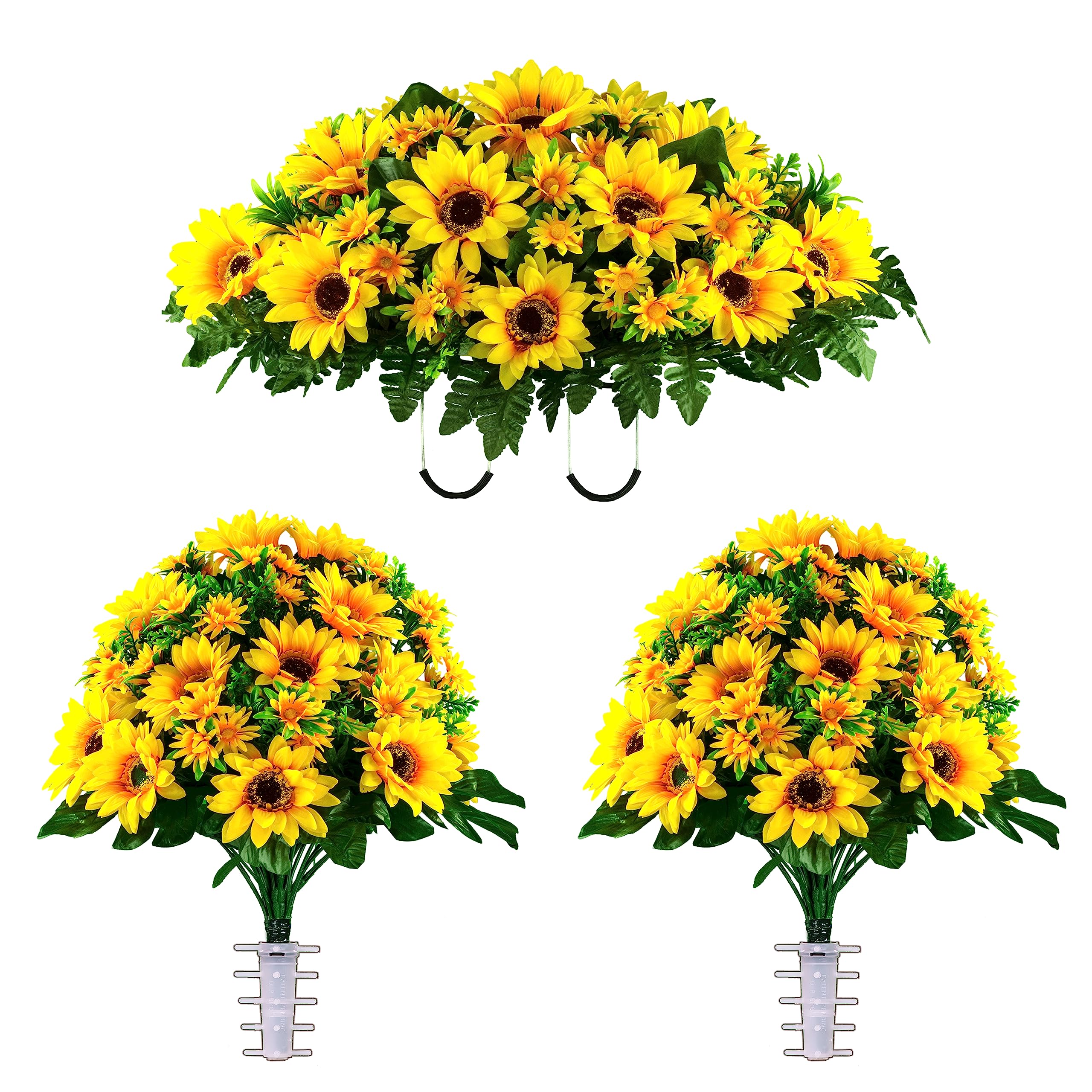 Realistic Artificial Sunflowers for Cemetery Decor - Vibrant Outdoor Grave Flowers - 2 Bouquets & 1 Saddle - Perfect for Memorials, Gravesites & Sympathy Arrangements