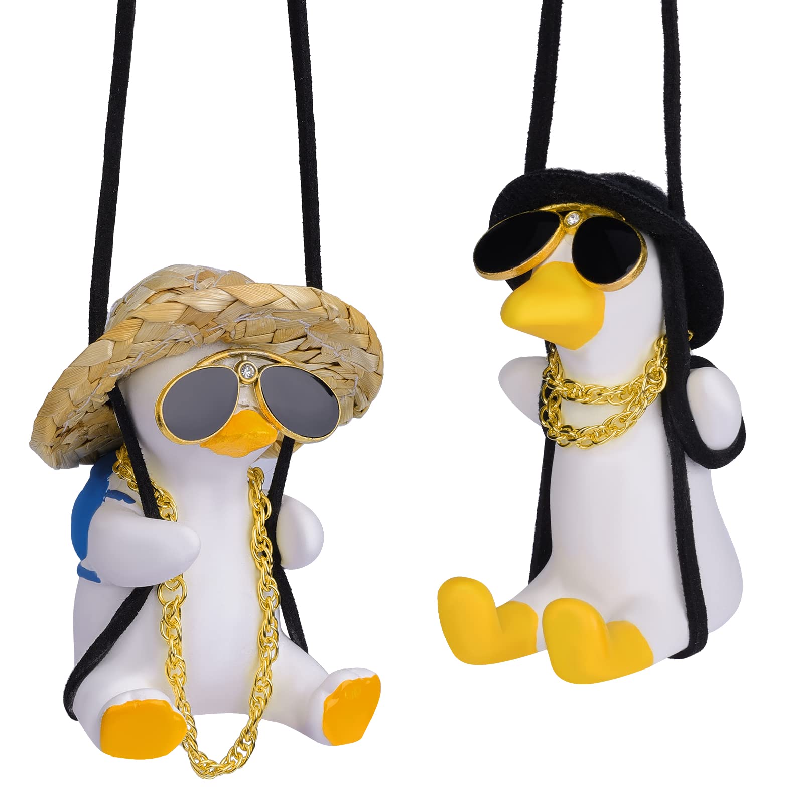 LUTER 2-Piece Swinging Duck Car Hanging Ornament - Cute Flying Duck Rearview Mirror Pendant for Car Decor, Home & Office Aesthetic Accessories (Straw Hat & Black Hat) | Perfect for Car Interior Styling, Gift Giving & Desk Decorations