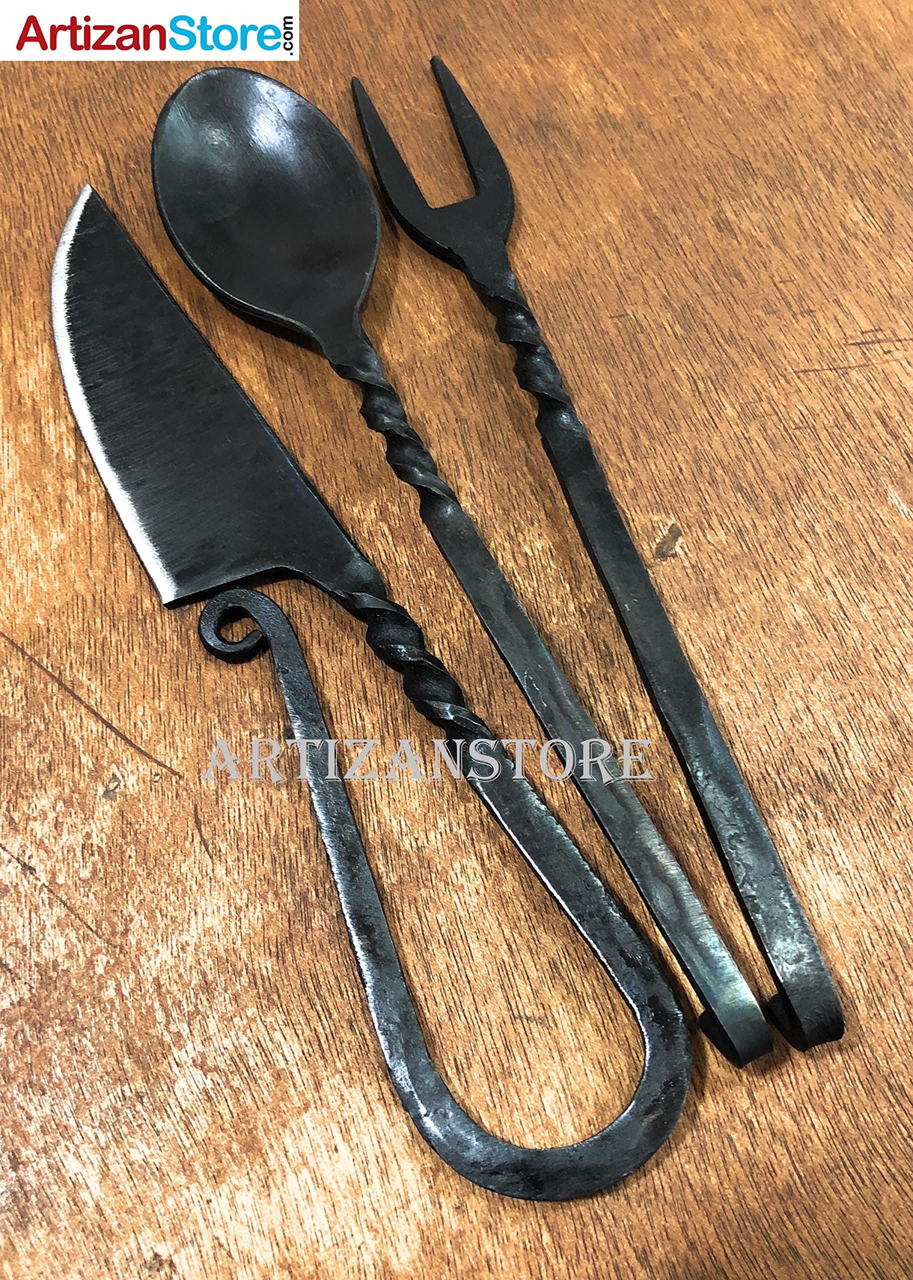 Hand-Forged Black Medieval 3-Piece Kitchen Utensil Set - Viking Cutlery with Knife, Spoon & Fork - Rustic Dinnerware for Home, Restaurant & Camping - Durable Kitchen Tools & Outdoor Essentials